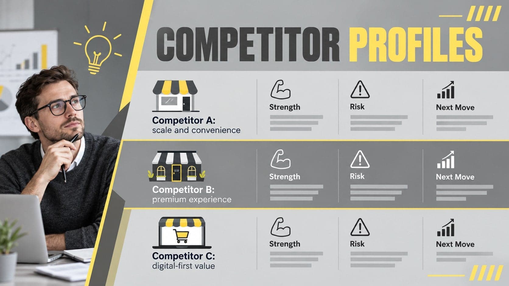 Competitor profile slide comparing retail strengths, risks, channels, and strategic moves.