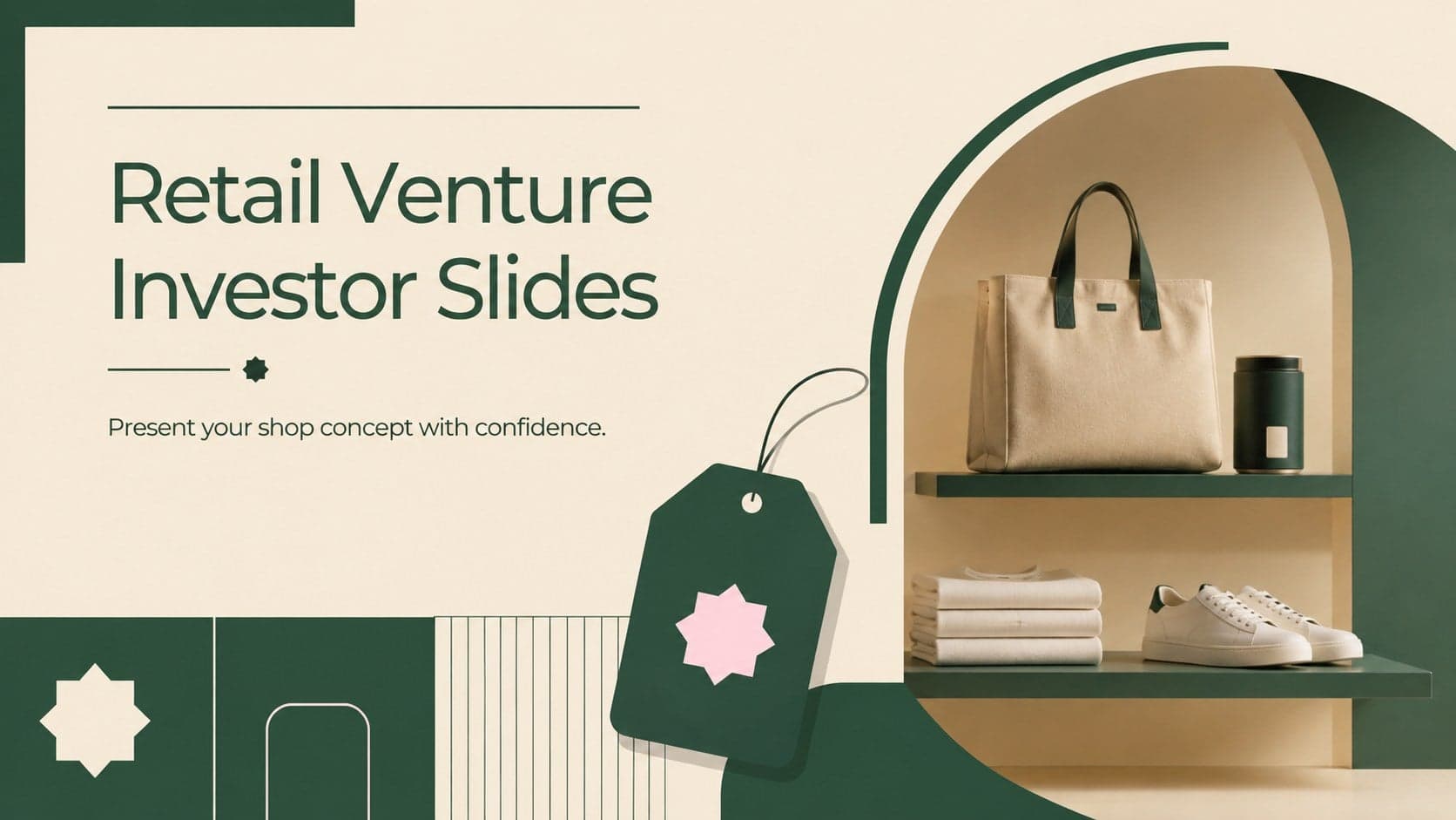 Cover for Retail Venture Investor Slides in a minimalist green-and-beige retail design.