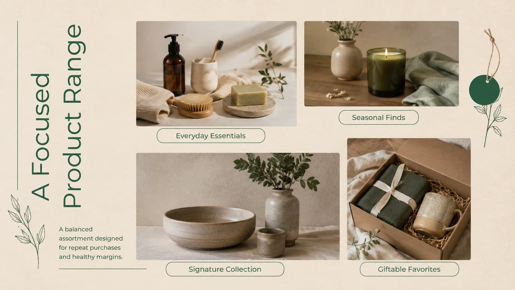 Product range slide showing categories for a boutique startup investor presentation.