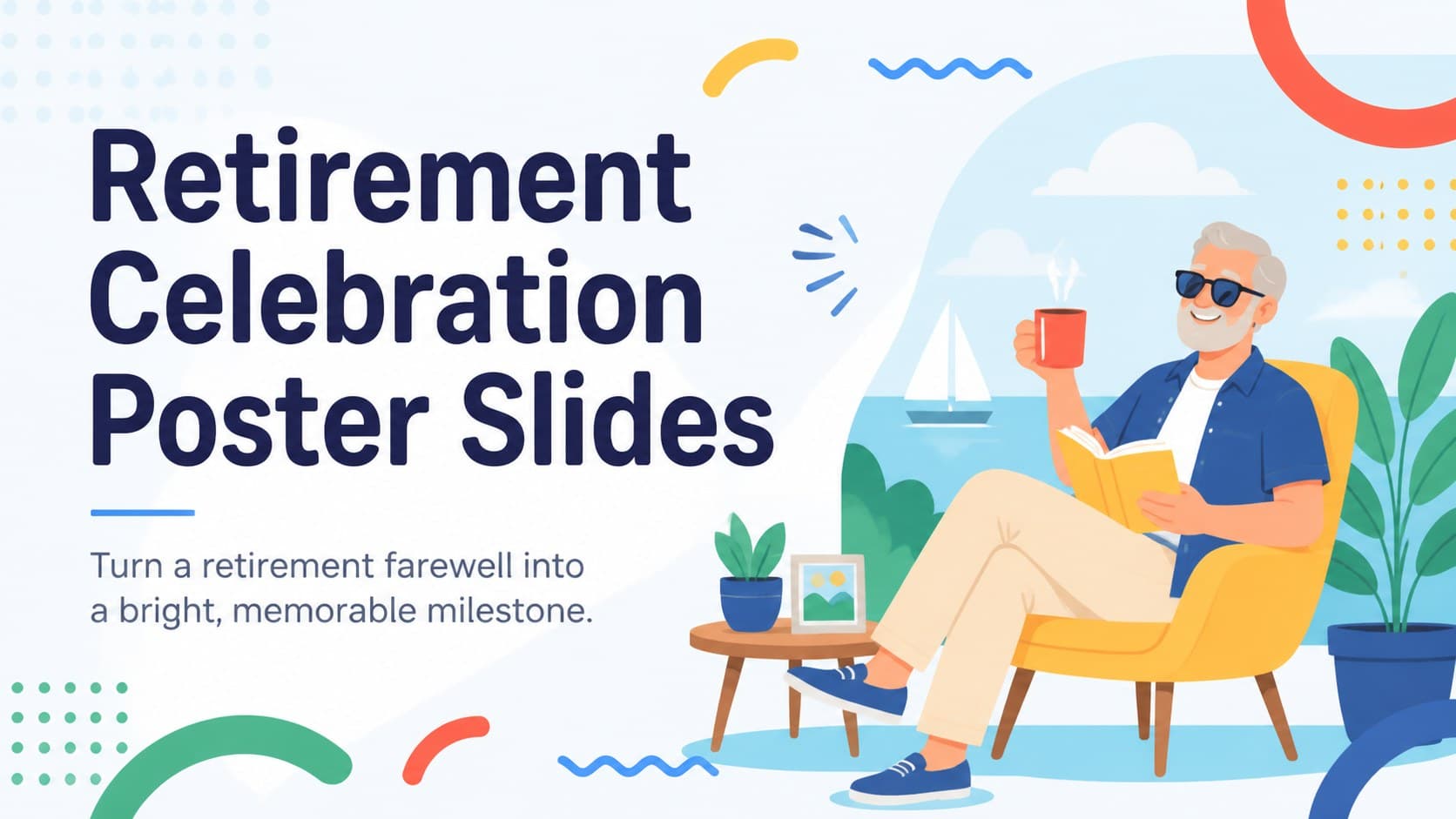 Cover slide for retirement celebration poster slides with a cheerful blue illustrated farewell design.