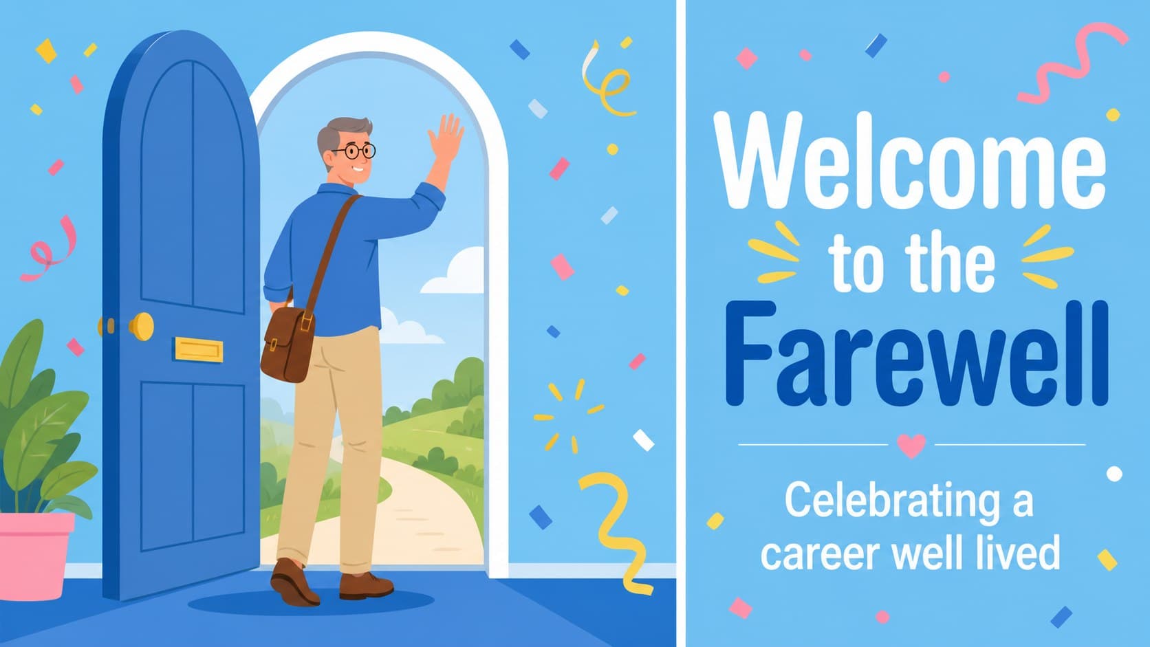 Retirement farewell welcome poster introducing a joyful office send-off.
