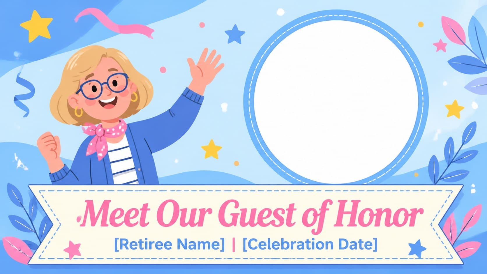 Blue retirement poster with space for the retiree name and celebration date.