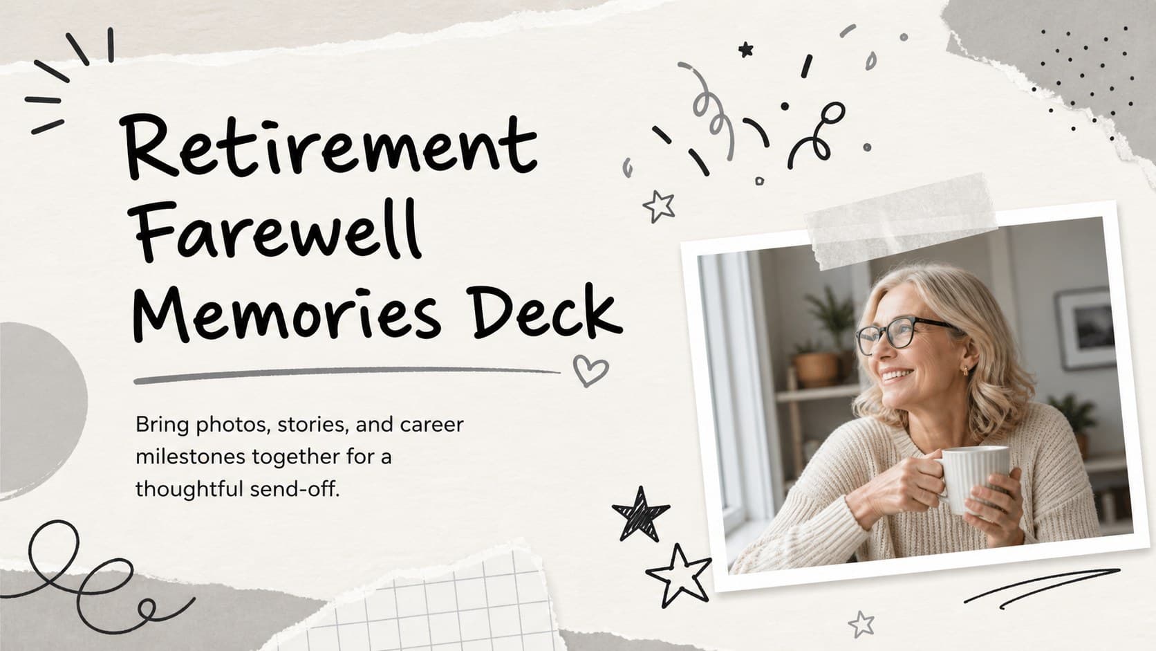 Cover of a black and grey retirement farewell memories deck with playful doodles and a framed career photograph.