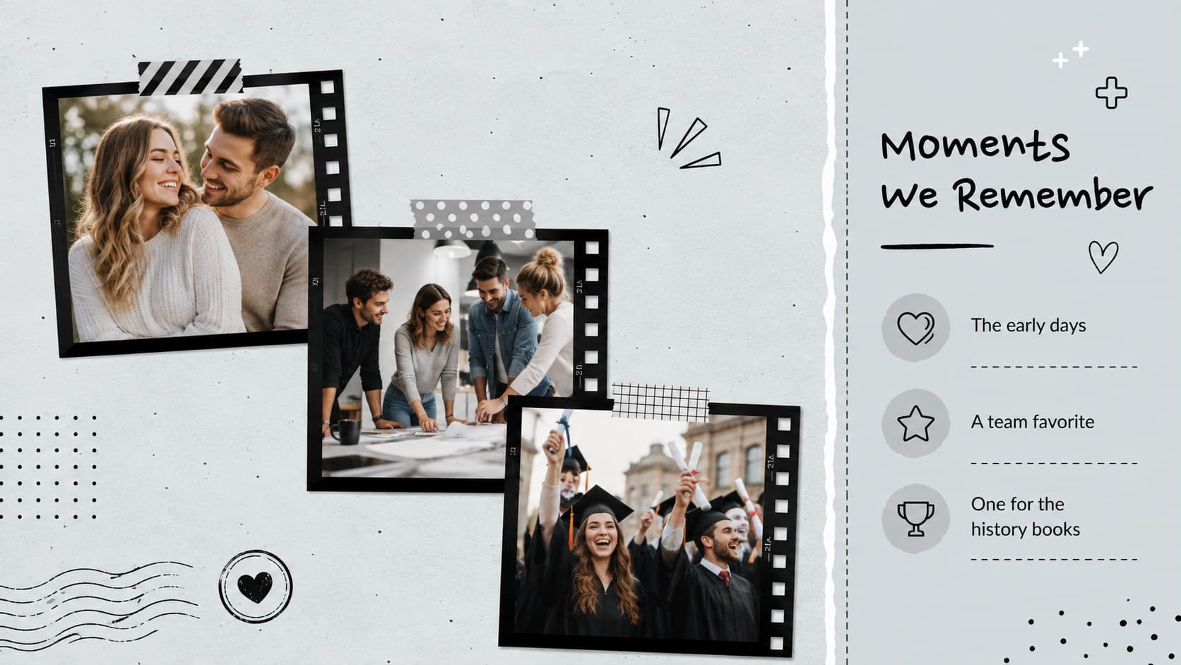 Employee retirement memory book slide with three career photographs and handwritten-style captions.