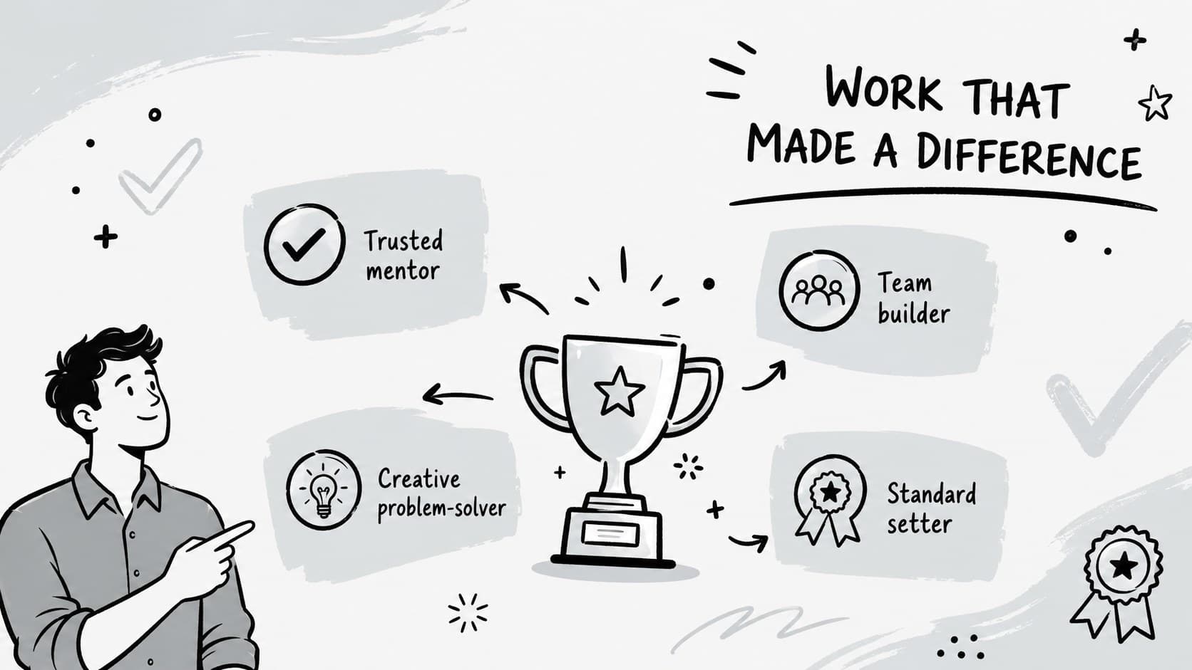 Retirement achievement highlights slide featuring four contributions in a black and grey minimal layout.