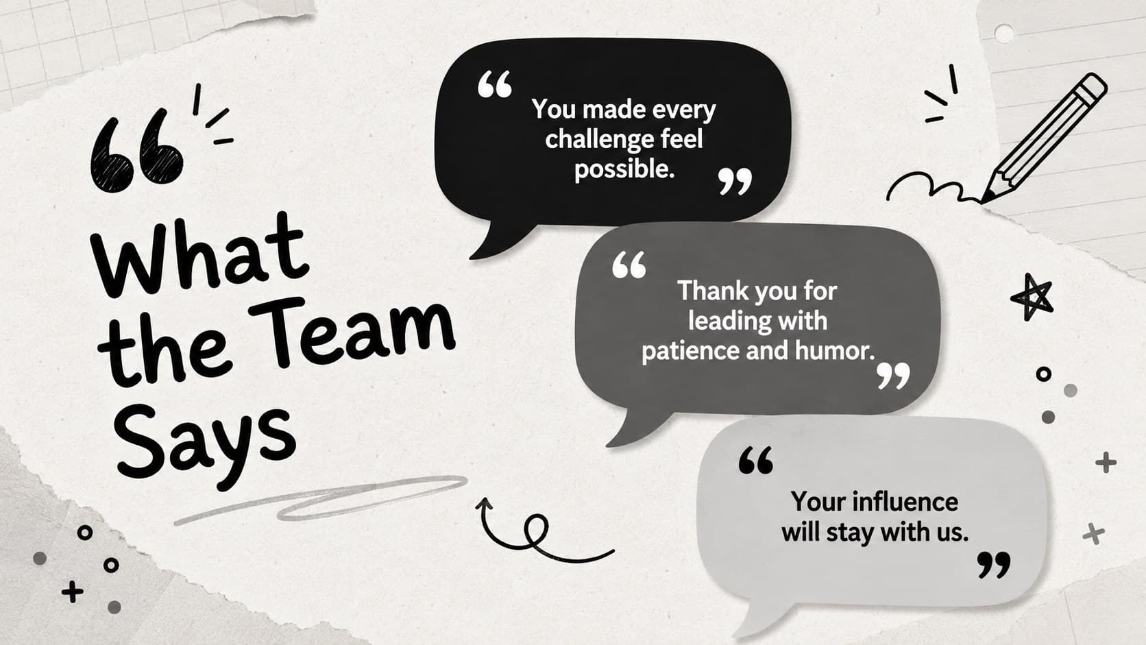 Coworker retirement tribute deck slide displaying warm messages from colleagues in speech bubbles.