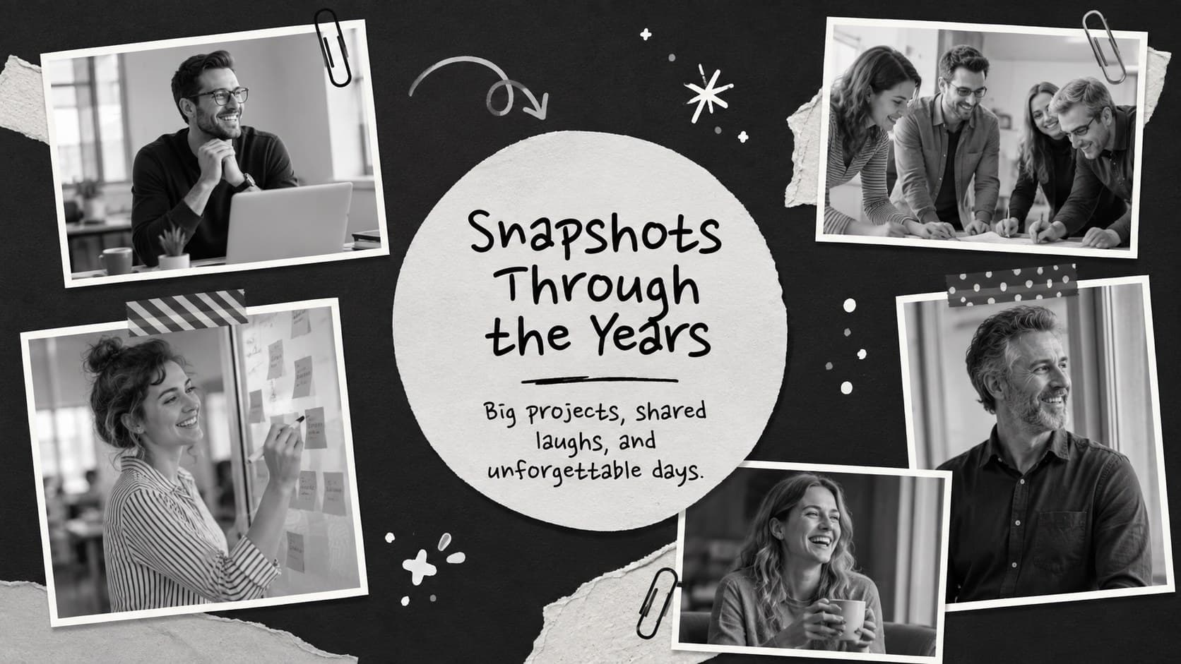 Retirement photo collage presentation with workplace snapshots arranged in a playful monochrome scrapbook.