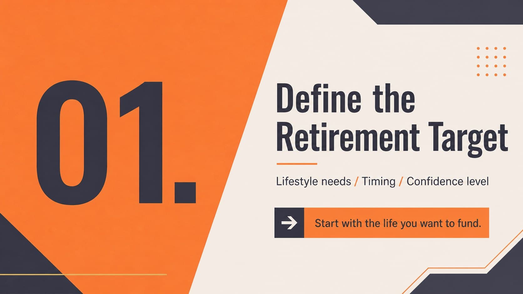 Retirement goals slide showing a focused objective statement with geometric orange accents.