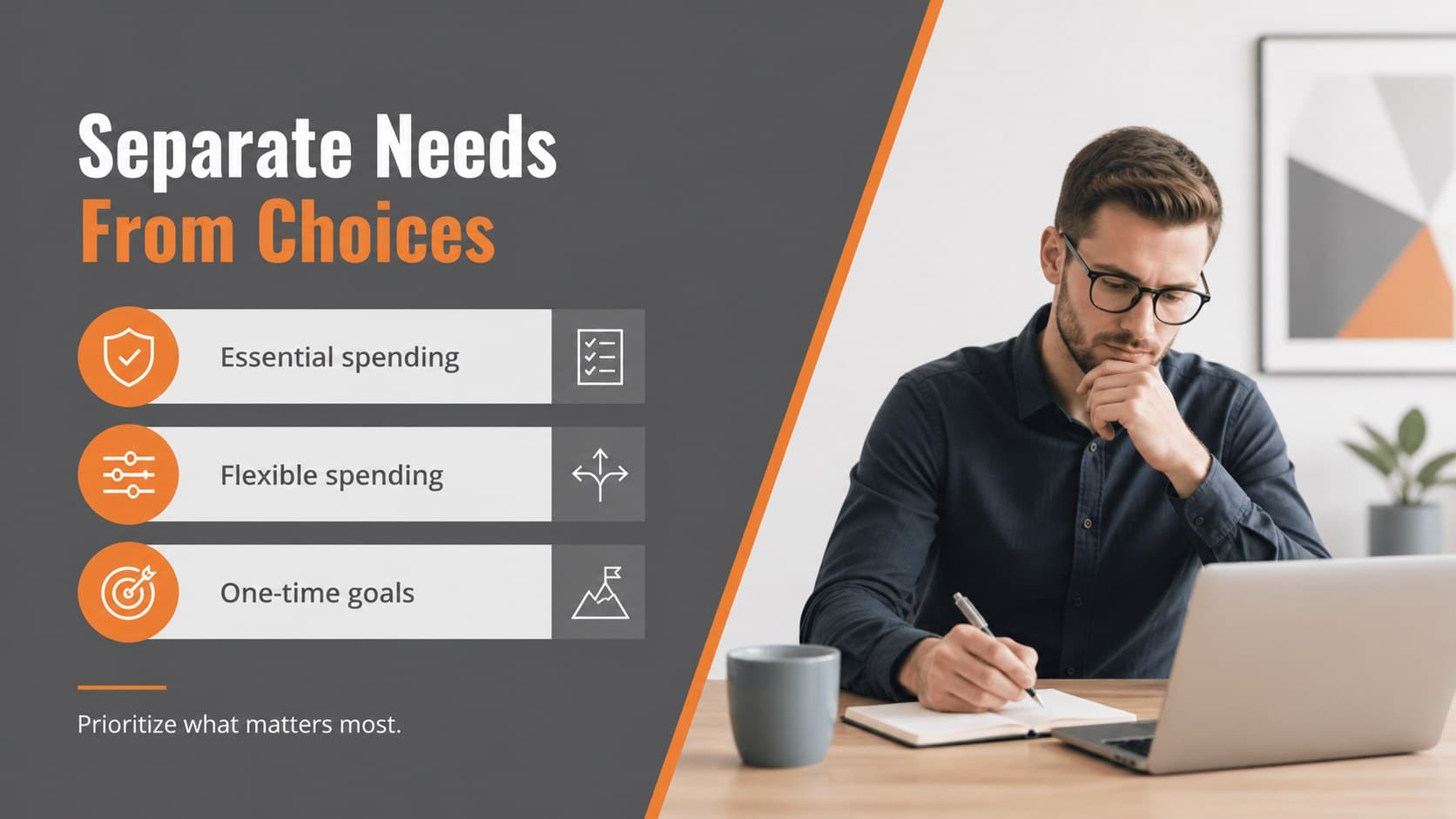 Retirement spending slide presenting essential and flexible expenses in a clean geometric layout.
