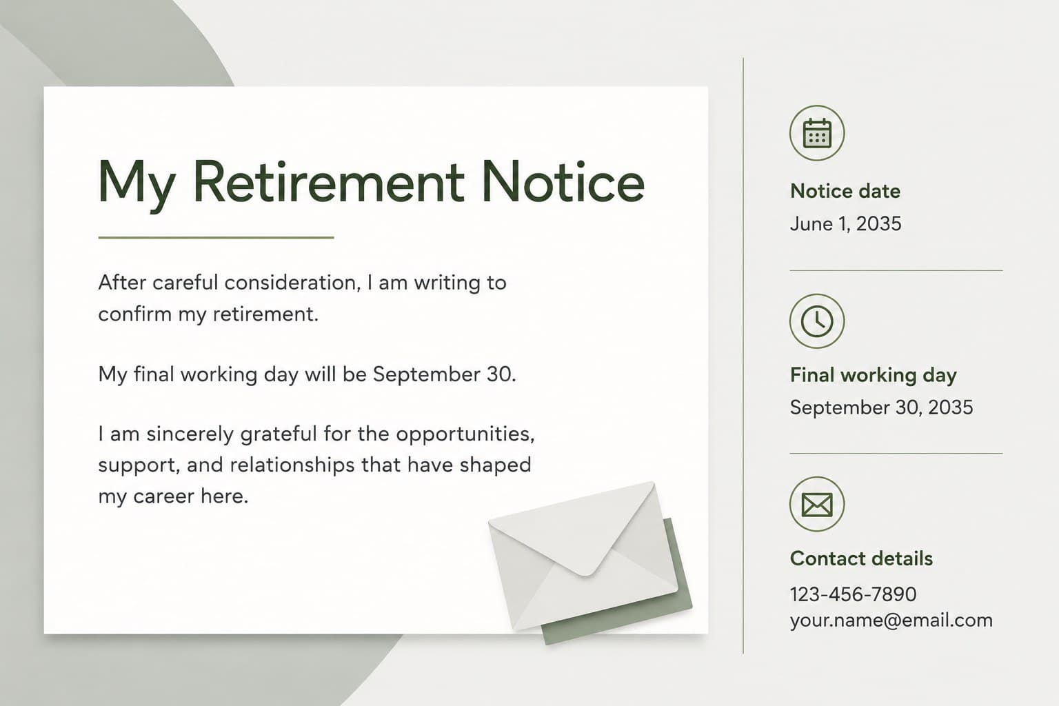 Editable retirement announcement letter template with notice date, final workday, and appreciation message.
