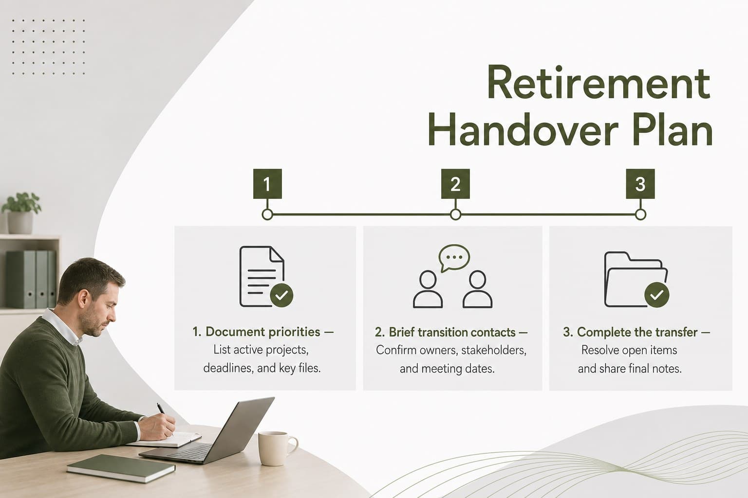 Retirement handover plan slide showing responsibilities, transition contacts, and completion dates.