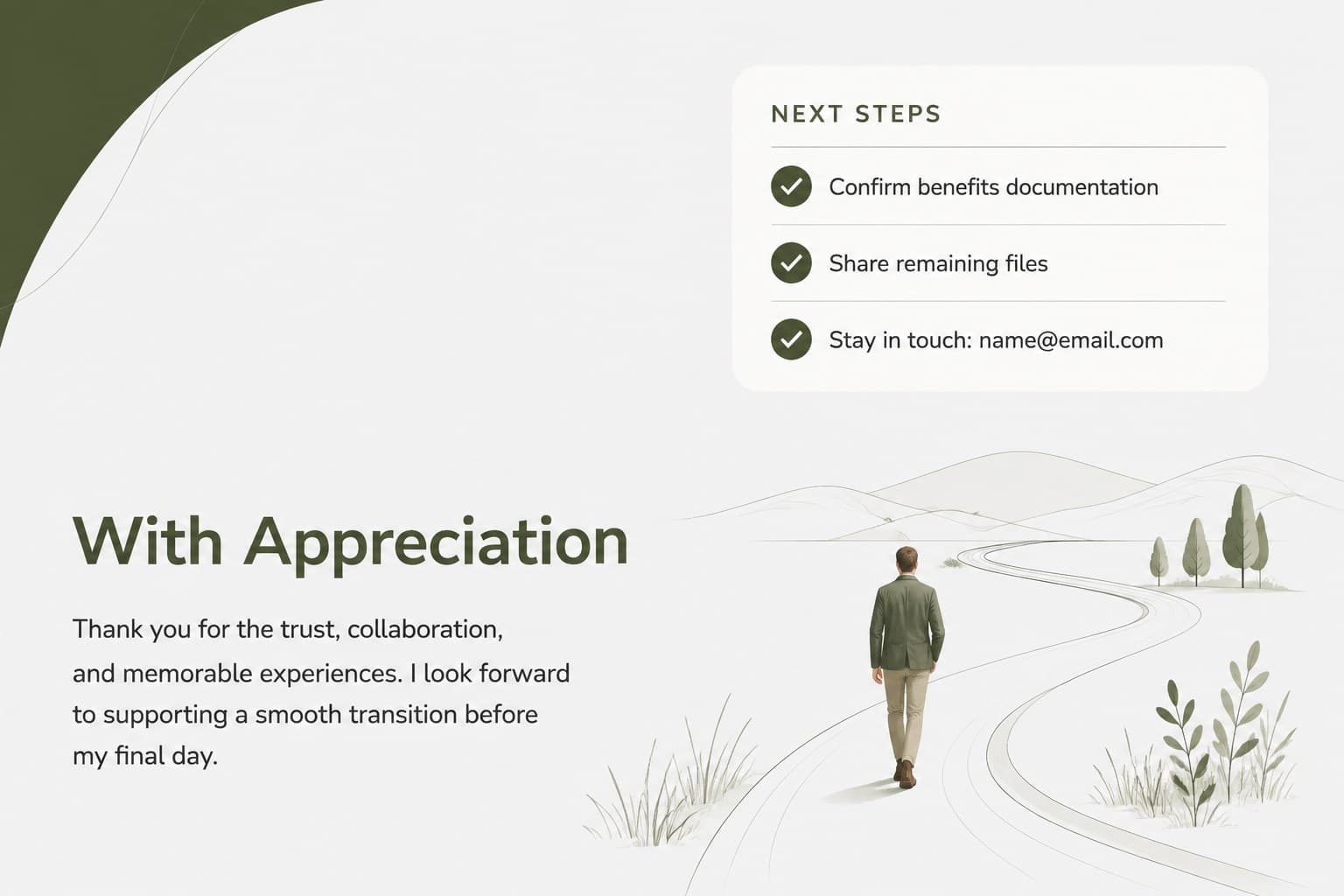 Professional retirement farewell message slide with gratitude, next steps, and contact information.