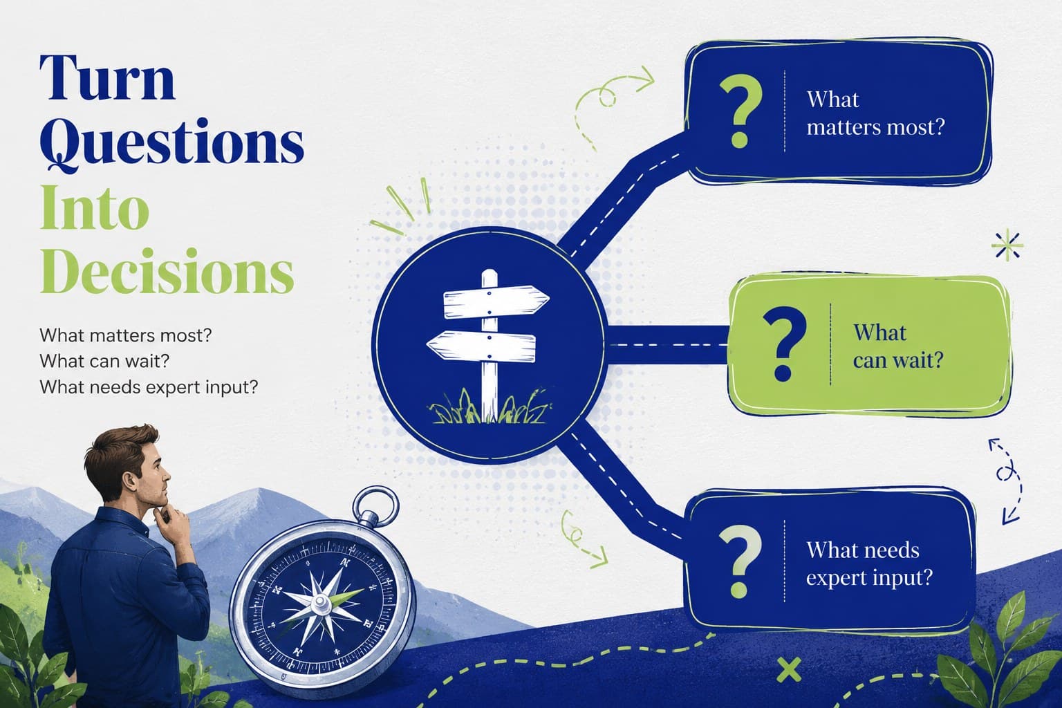 Retirement decision framework slide with blue-green paths for evaluating major transition choices.