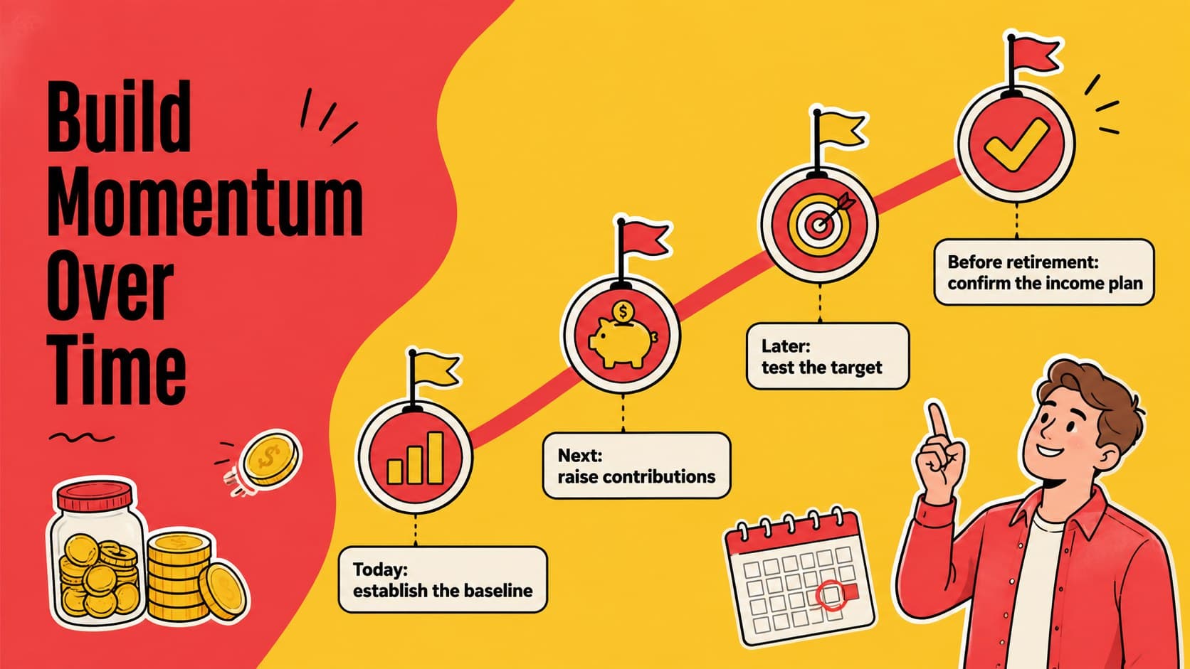 Retirement savings milestone slide featuring a colorful age-based progress timeline.