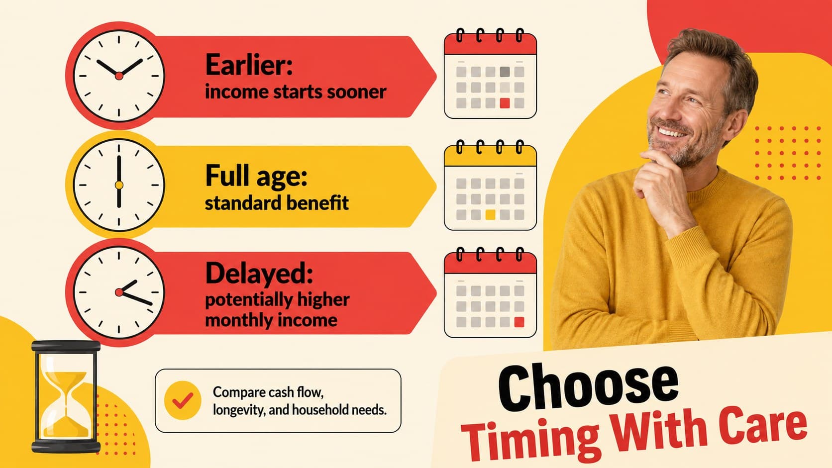 Social Security timing presentation slide comparing earlier, full-age, and delayed benefit choices.