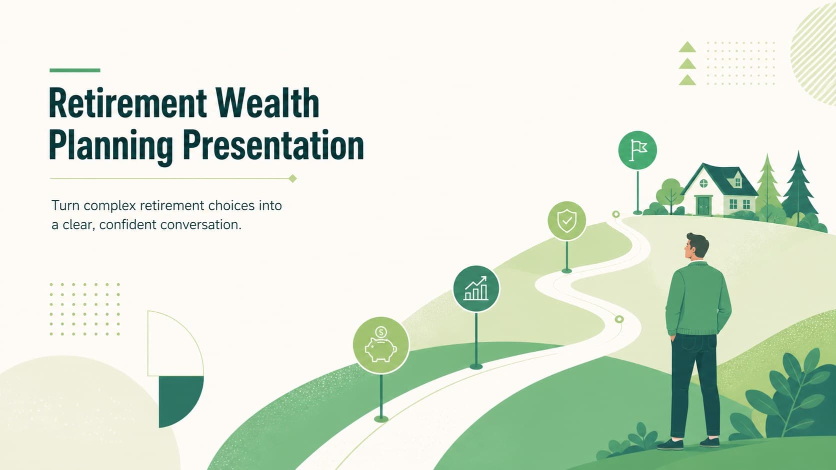 Cover of a Retirement Wealth Planning Presentation with modern green illustrations and a clean financial planning layout.