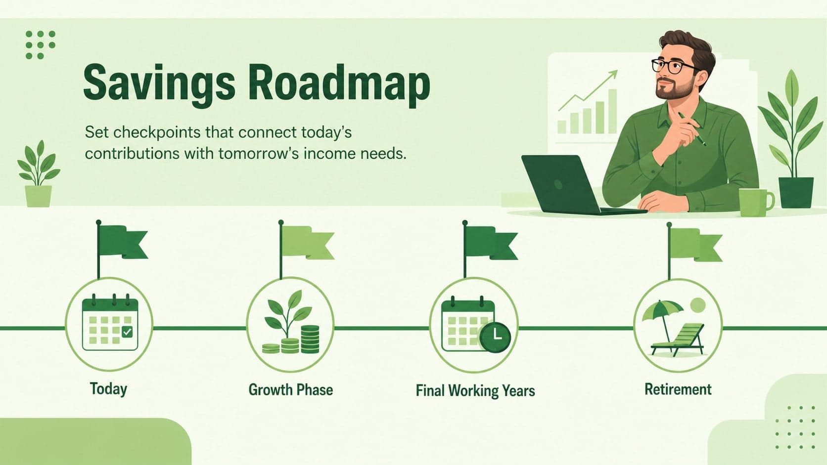 Retirement savings roadmap presentation slide with milestones from current savings through retirement readiness.
