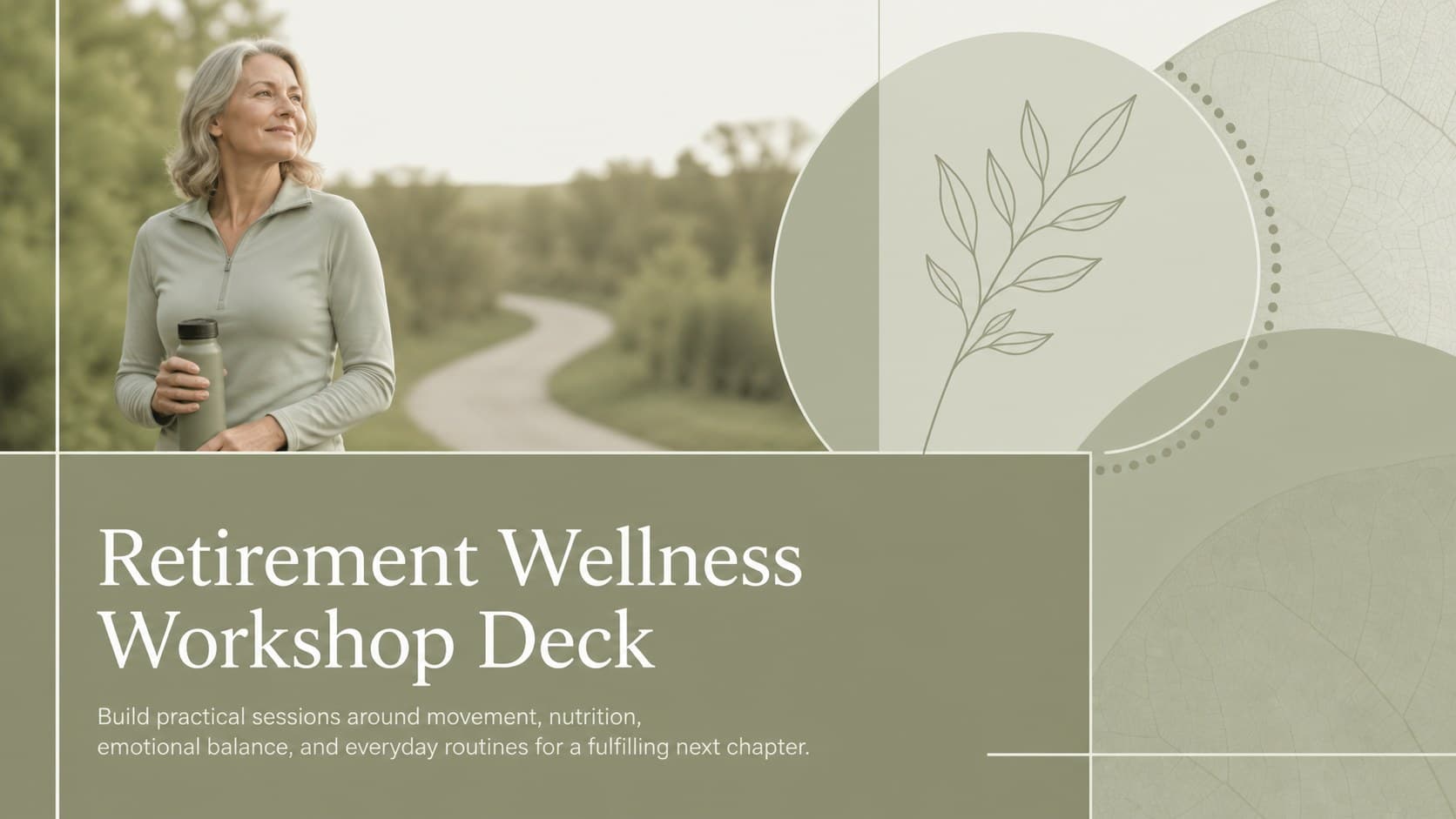 Cover of a green minimalist Retirement Wellness Workshop Deck with a structured grid and healthy living accents.