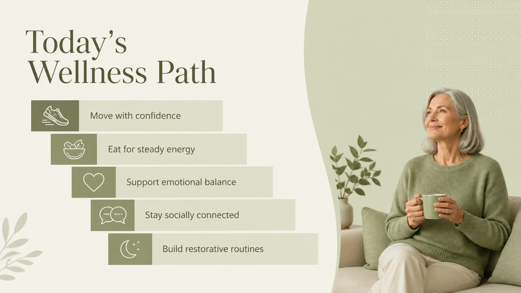 Healthy aging workshop slides agenda featuring five retirement wellness pillars in a clean green layout.