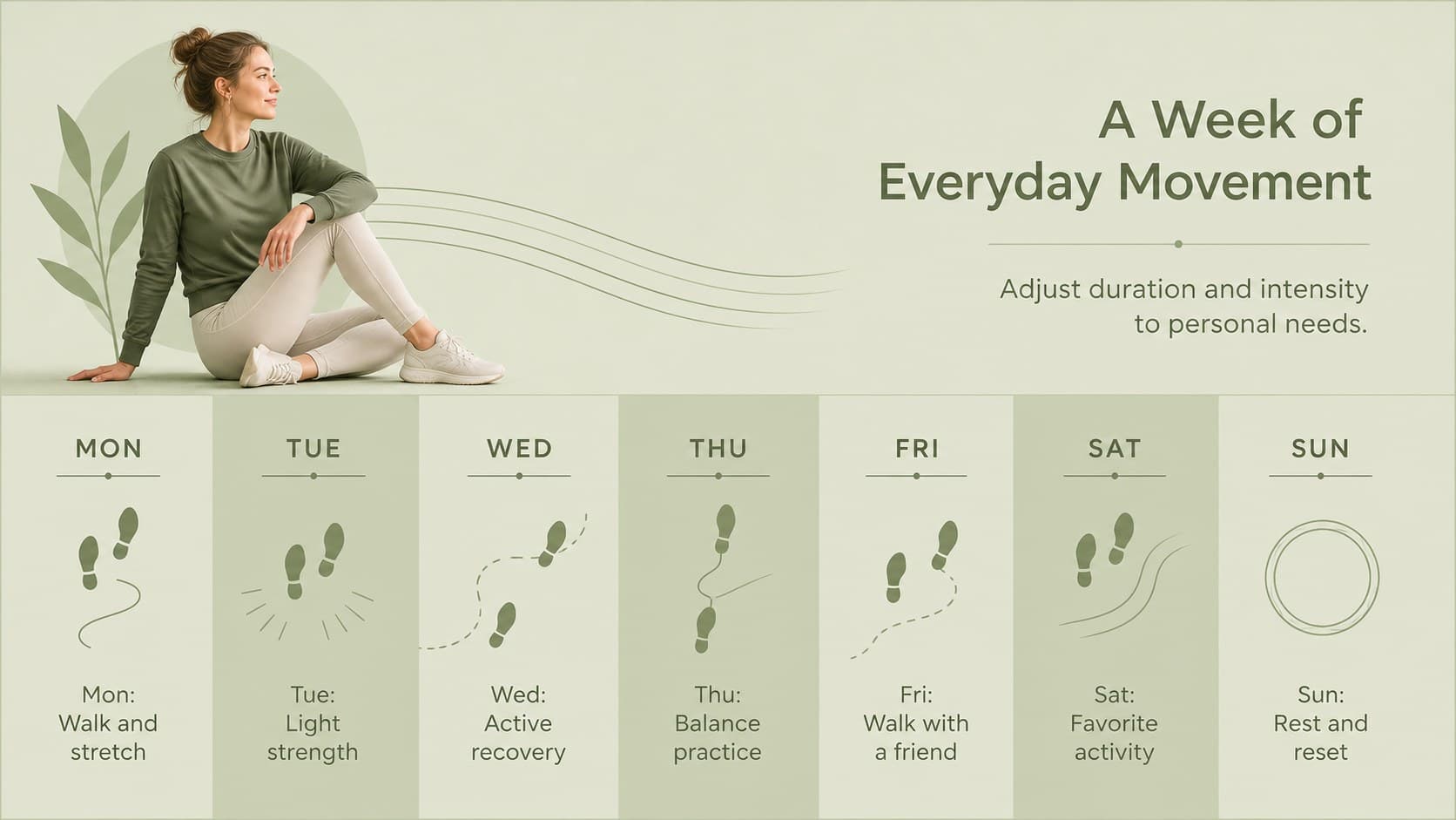 Active retirement Google Slides template page showing a customizable seven-day movement routine.