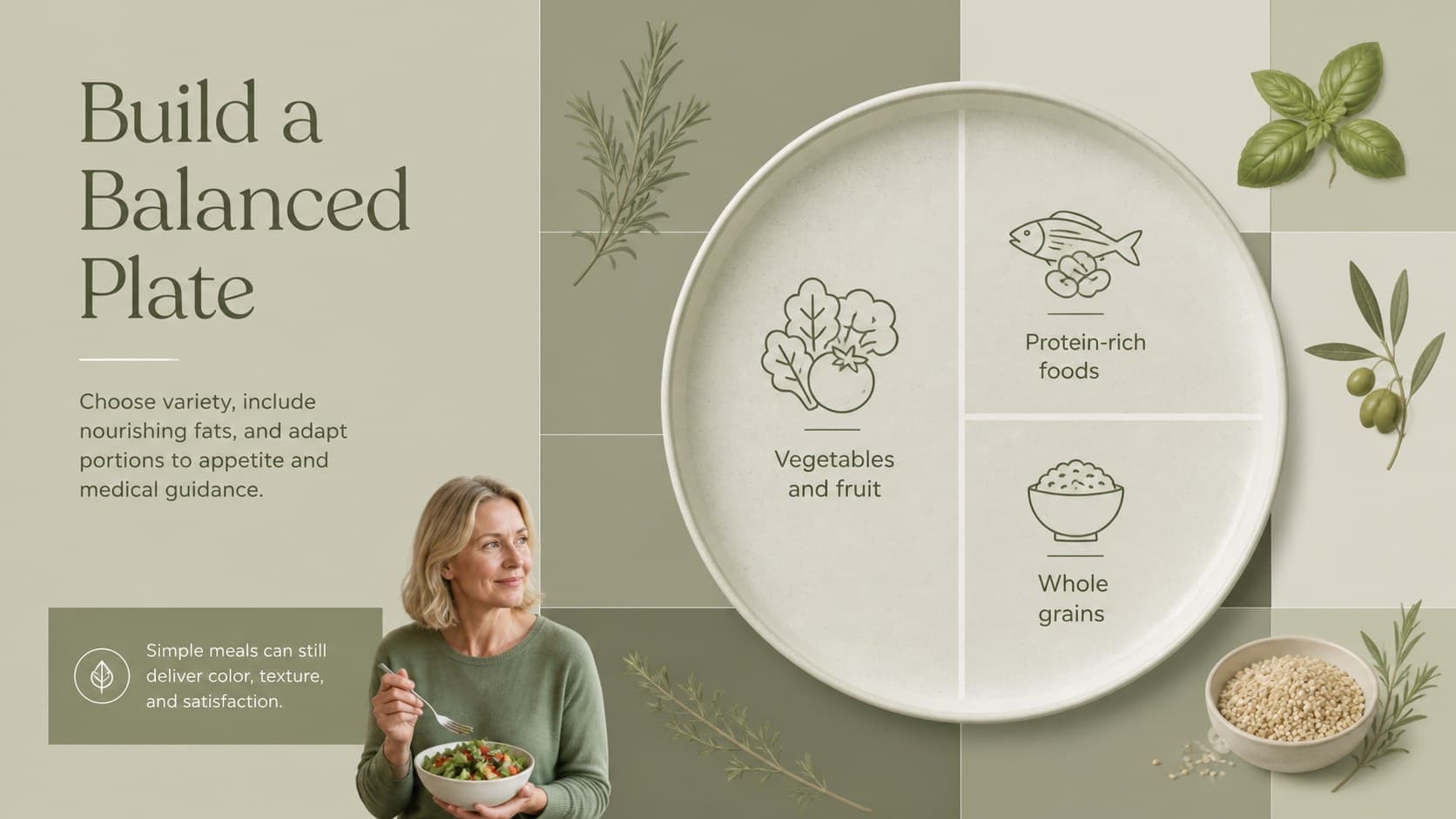 Green retirement wellness presentation template slide illustrating a simple balanced plate for older adults.