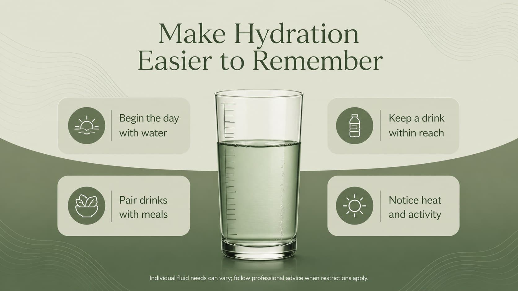 Retirement wellness workshop slide presenting practical hydration cues and a daily water routine.