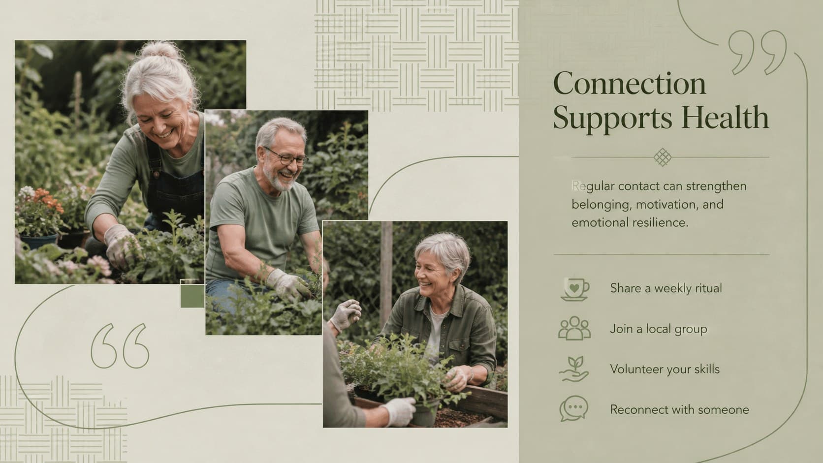Healthy aging workshop slide showing how friendship, volunteering, and group activities support social wellness.