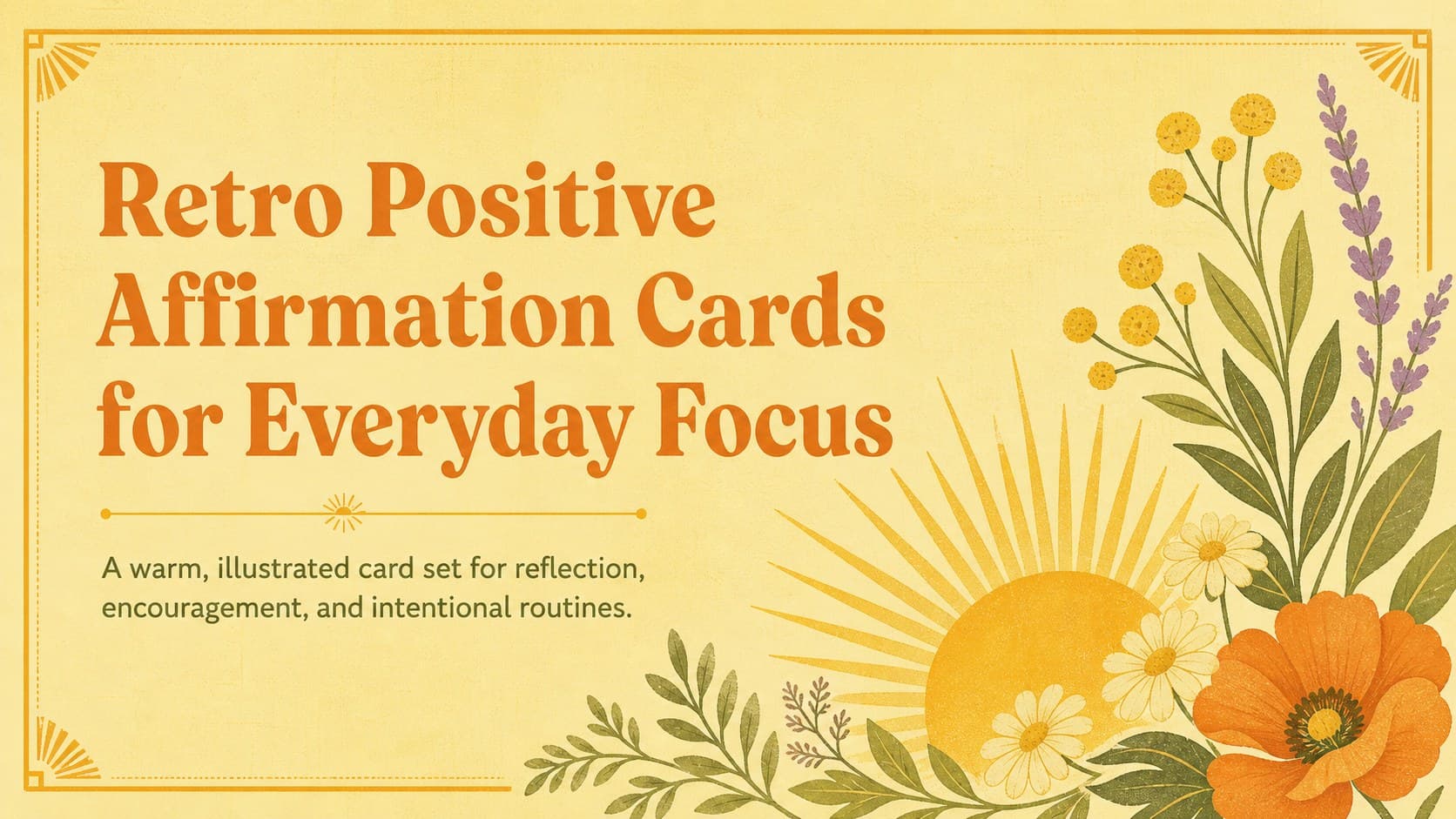 Cover for Retro Positive Affirmation Cards for Everyday Focus with pastel yellow vintage illustrations.