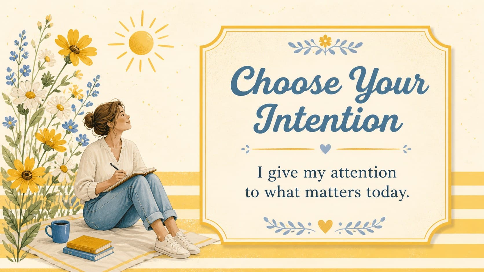 A retro positive affirmation card featuring a bright intention-setting message and floral artwork.