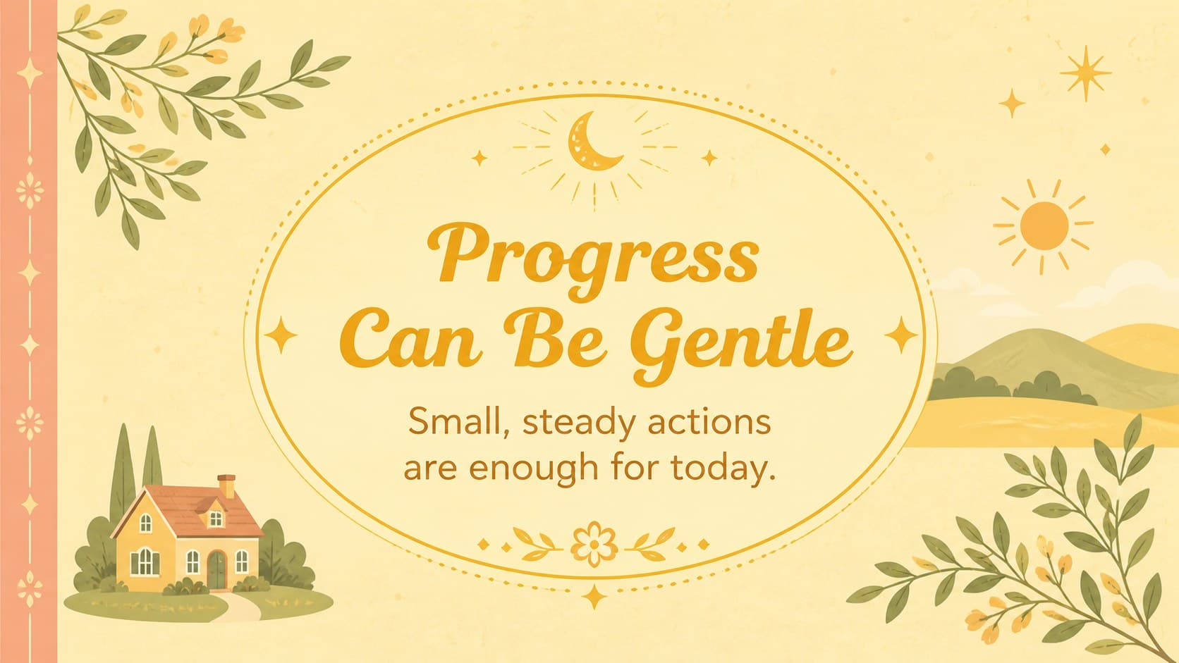 Vintage affirmation card encouraging calm progress with pastel botanical decorations.