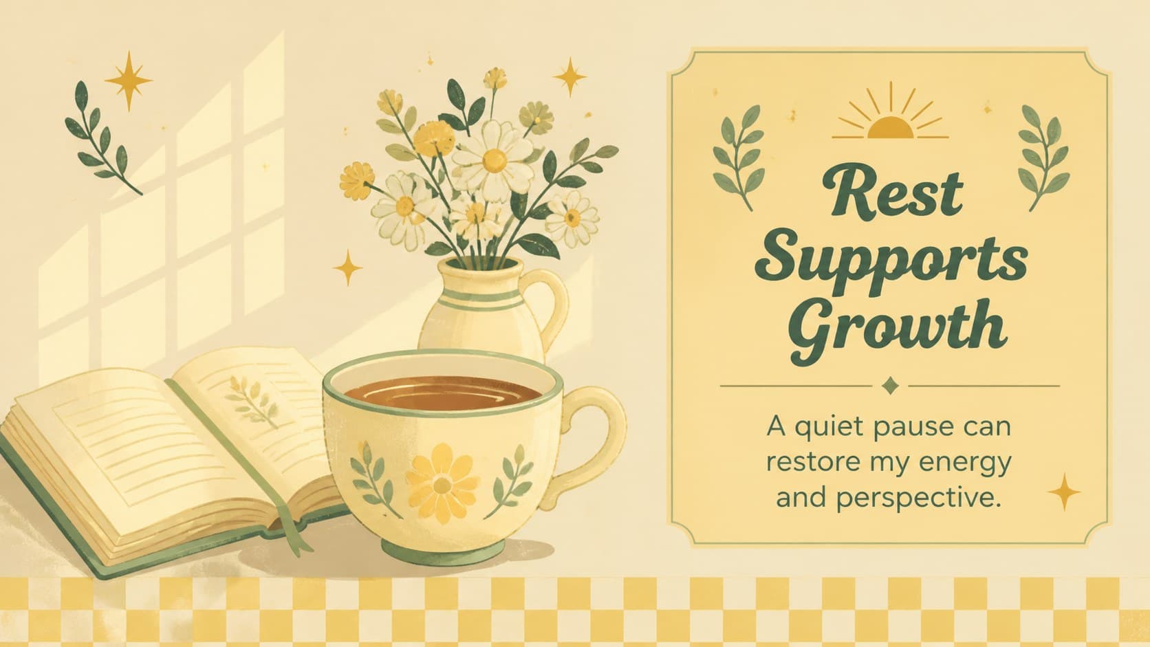 Pastel self-care affirmation presentation card with a retro teacup and restful message.