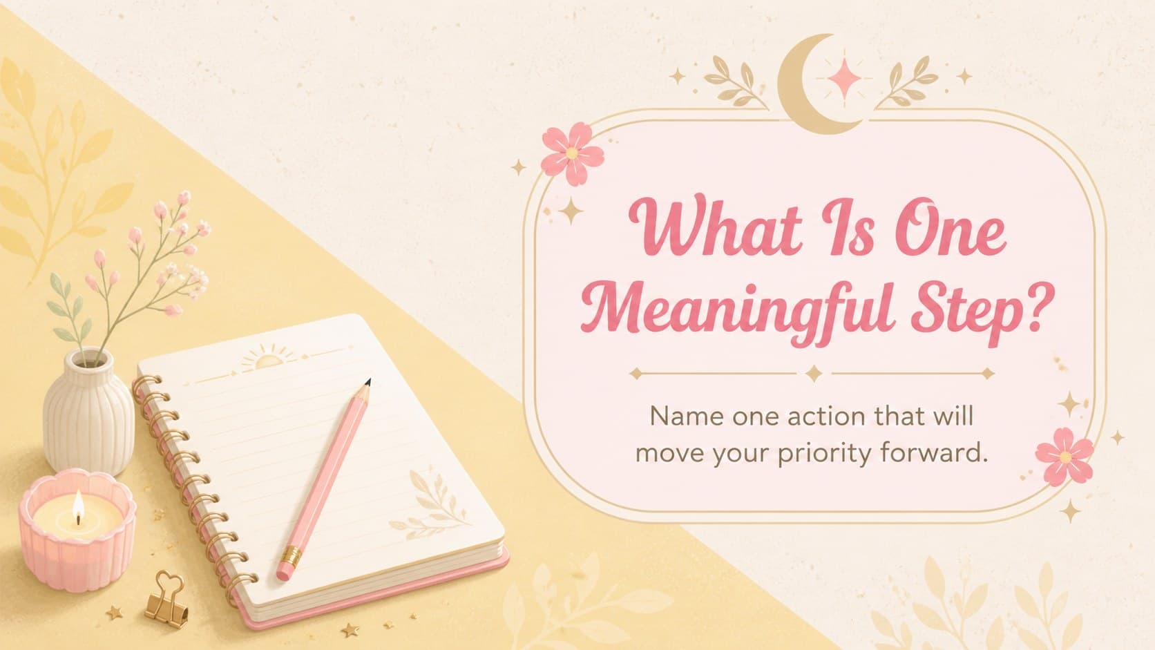 Illustrated journaling prompt card asking the viewer to identify a meaningful next step.