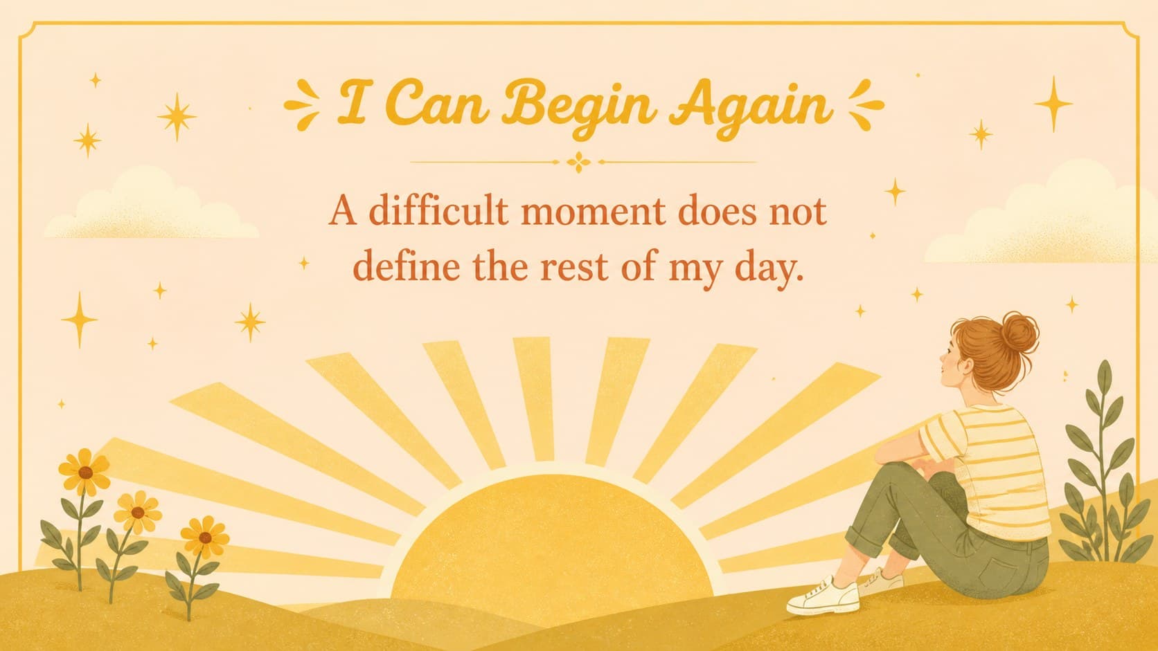 Retro wellness card deck slide with a sunshine illustration and resilient mindset statement.