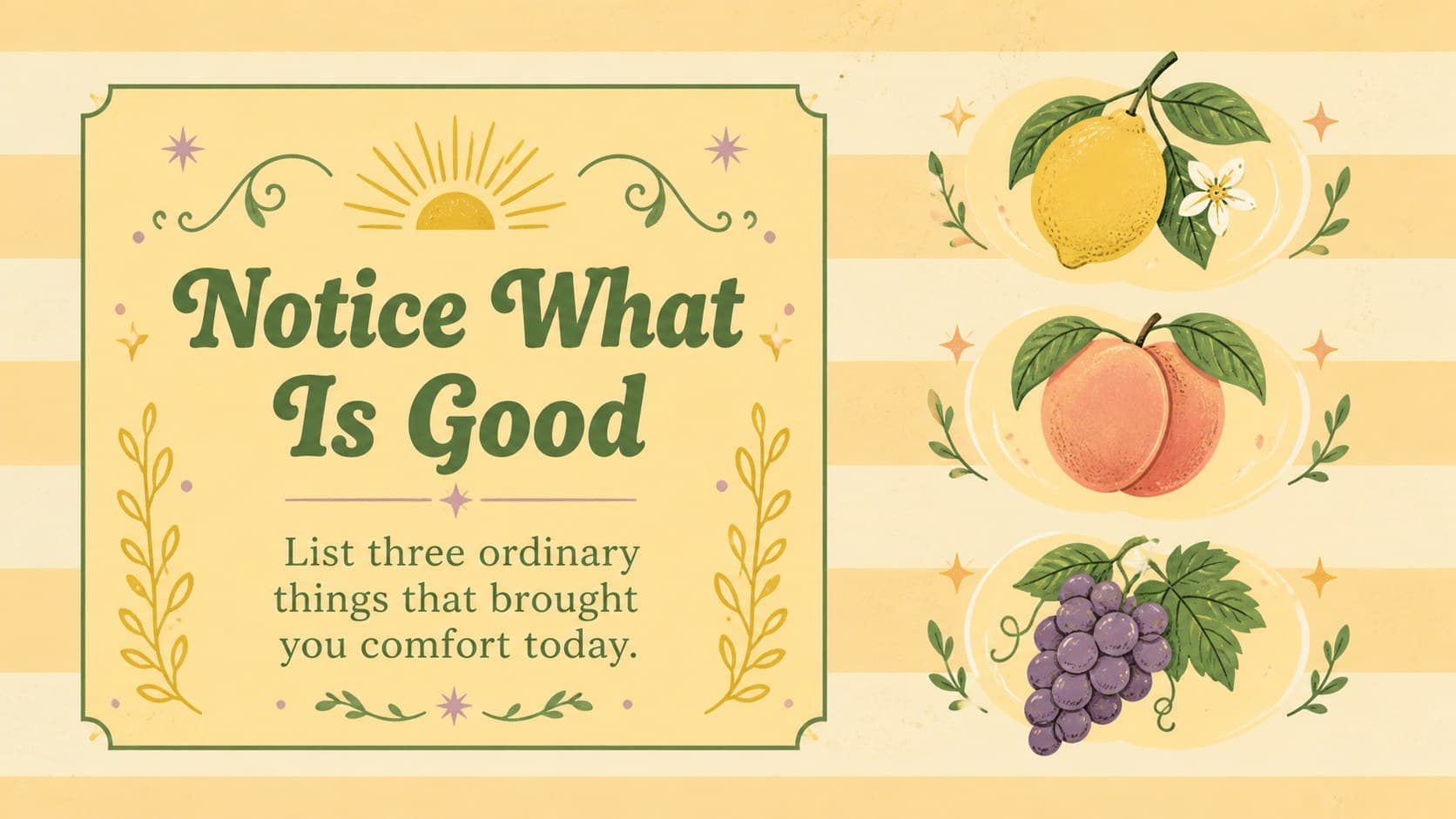 Printable positive mindset card with a gratitude prompt and colorful vintage fruit illustrations.