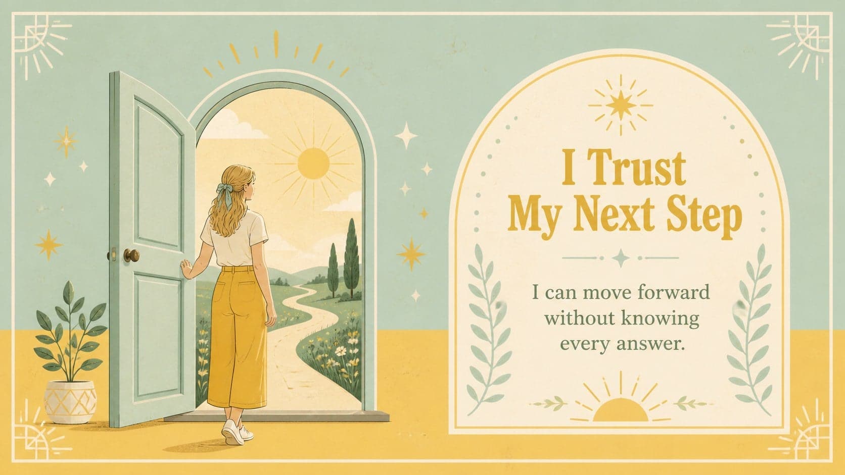 Positive affirmation card for coaching with an illustrated doorway and confidence-building message.