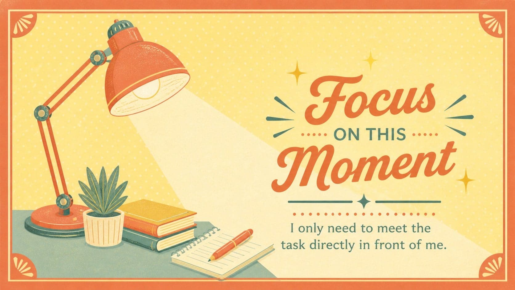 Editable encouragement card for students featuring a playful retro lamp and focus reminder.