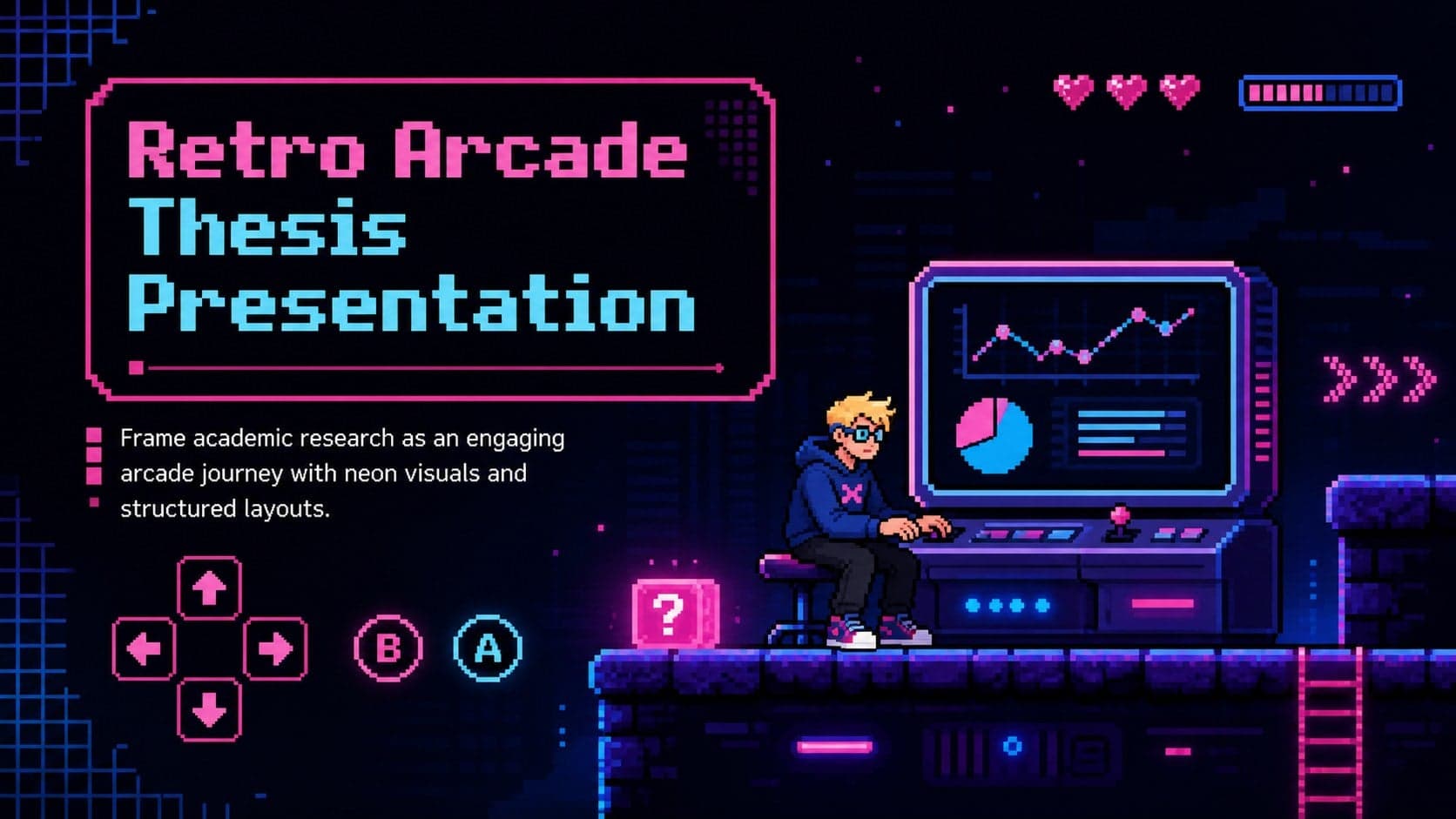 Cover of a retro arcade thesis presentation with pink and blue neon interface graphics on a dark background.