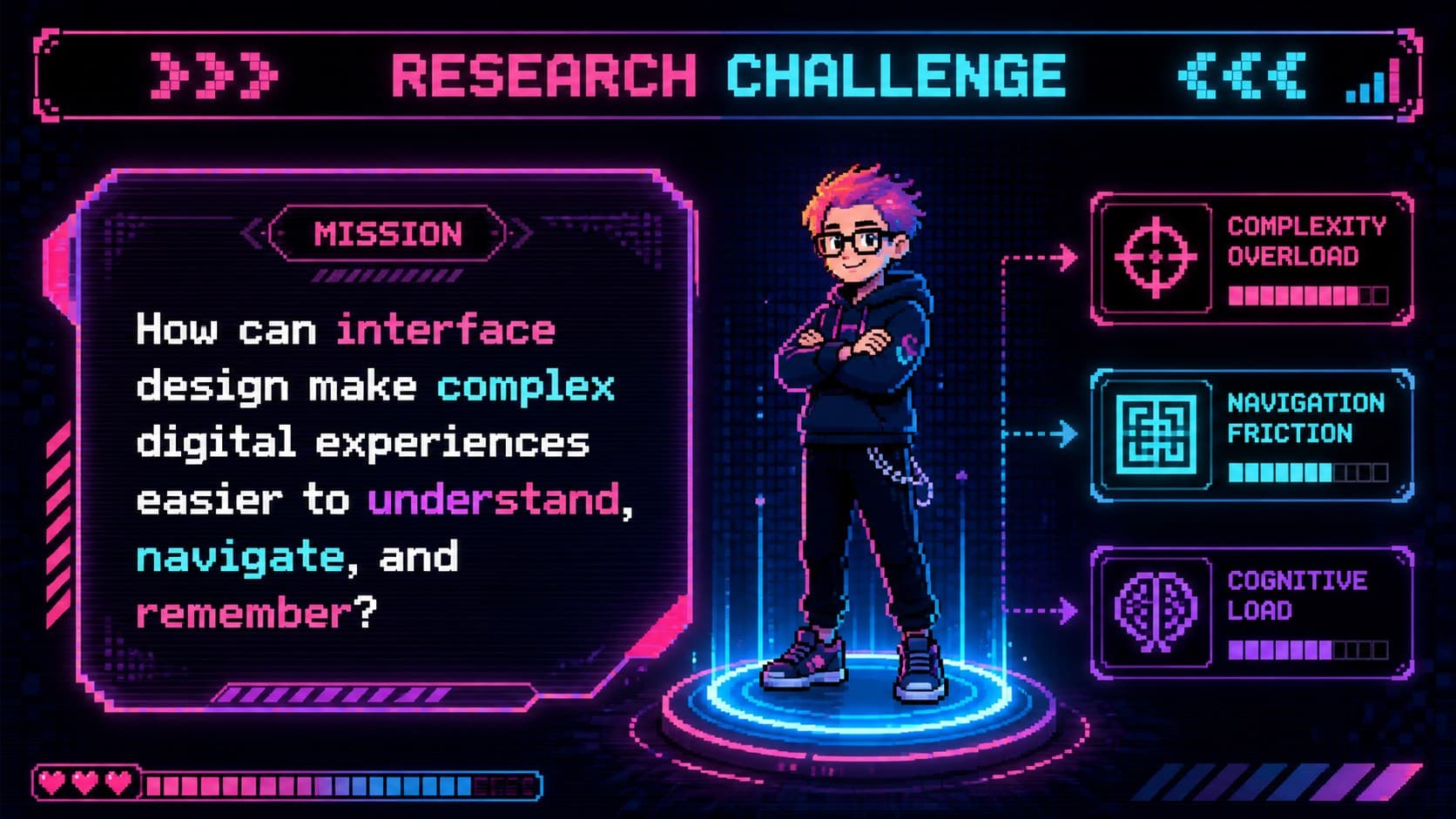 Arcade themed thesis defense slide introducing the research challenge with a neon mission panel.