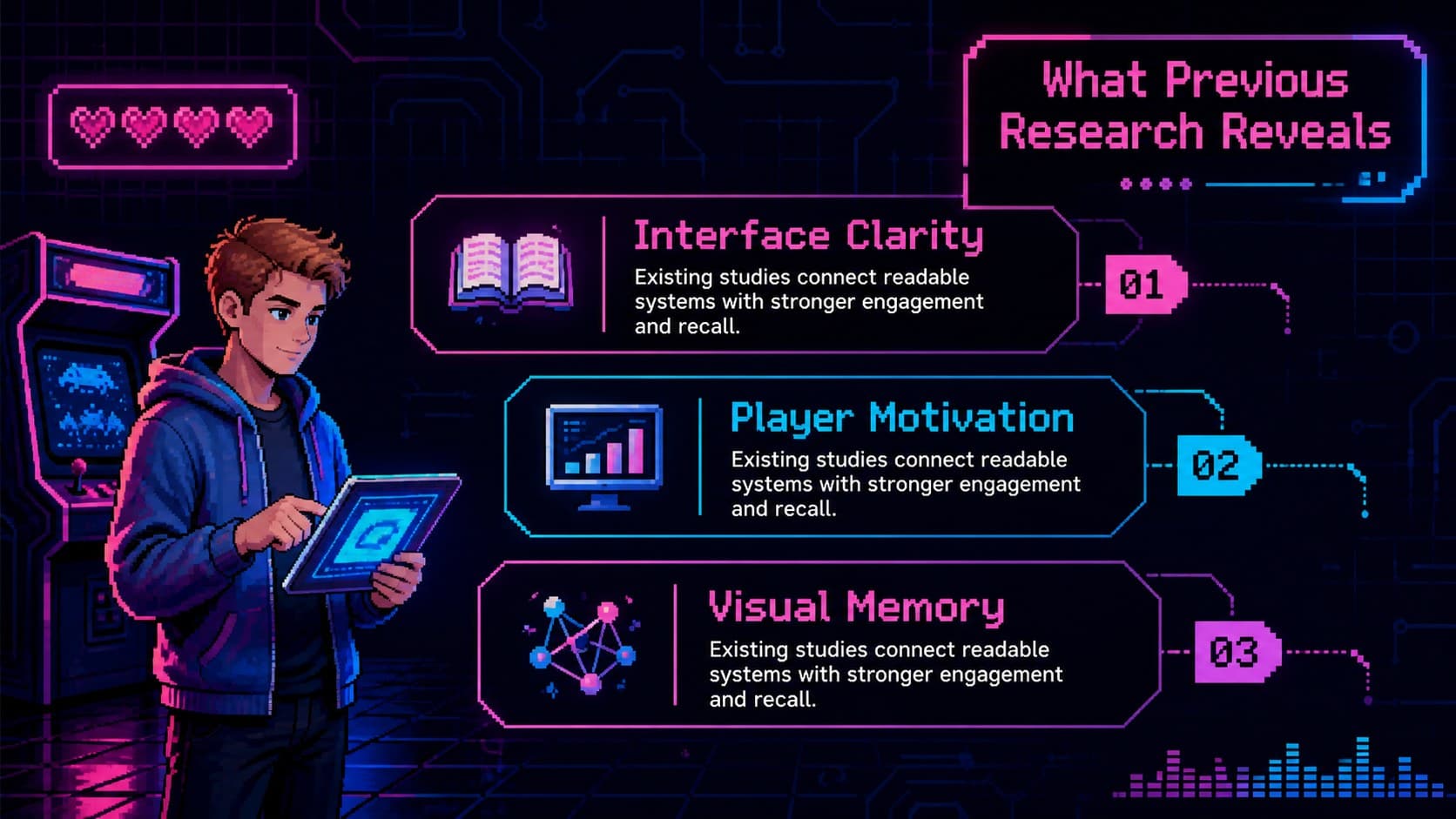Neon thesis defense PowerPoint deck slide summarizing literature through three thematic research zones.