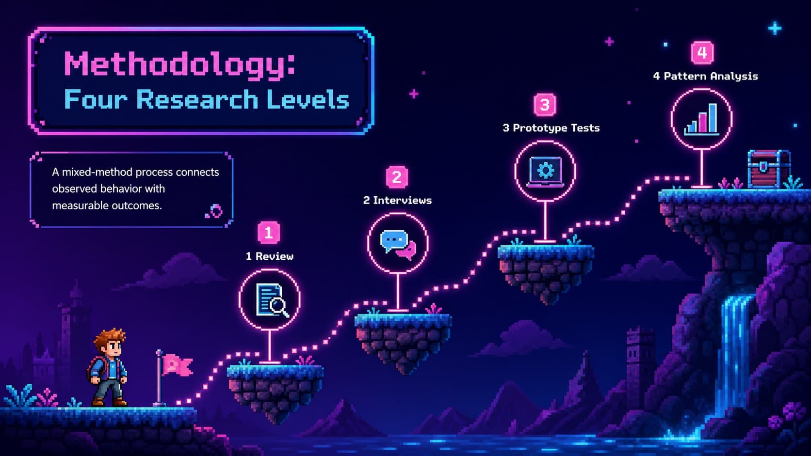 Retro arcade thesis presentation methodology slide with four phases arranged as a level progression map.
