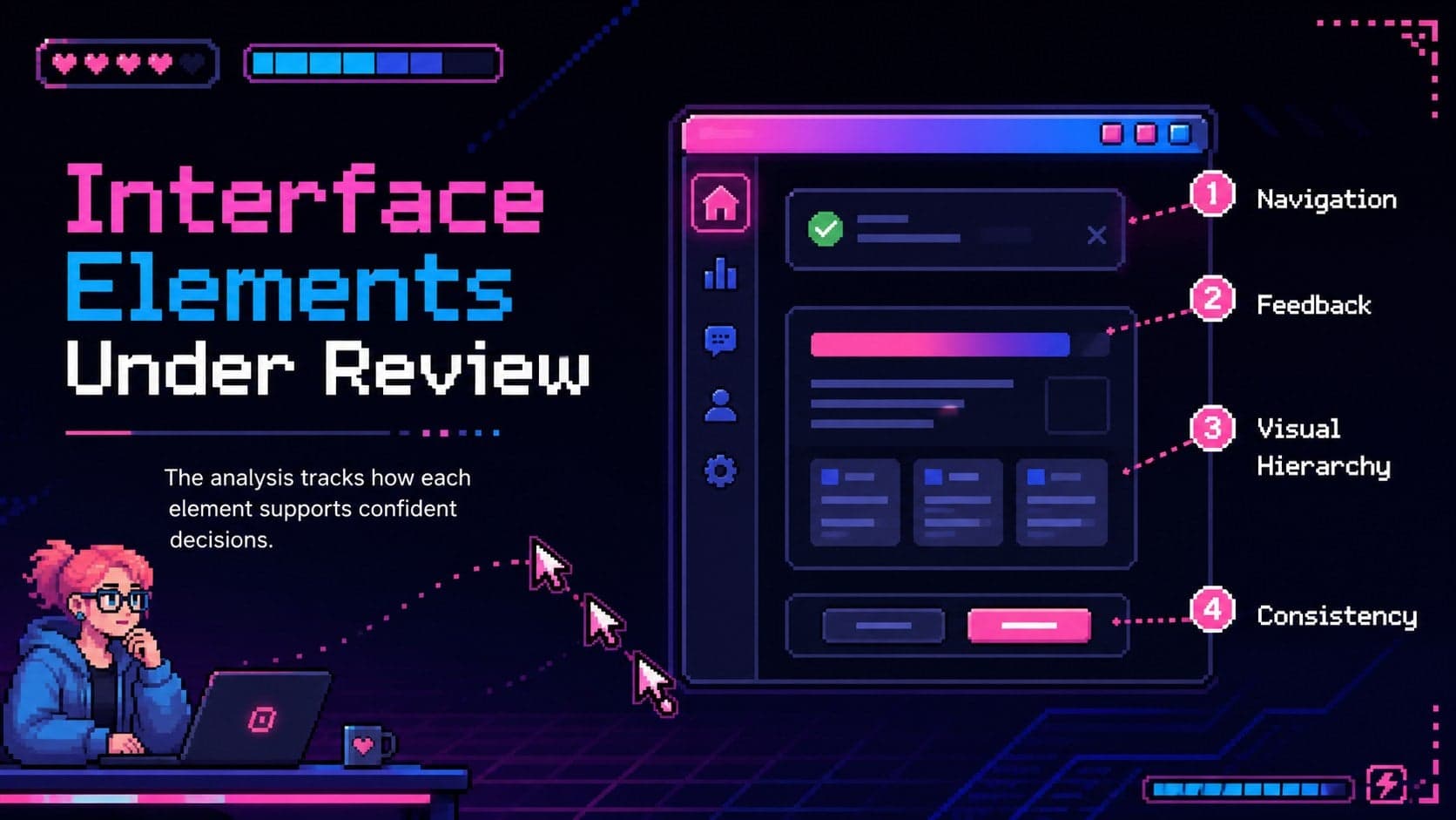 Arcade themed thesis defense slide comparing navigation, feedback, hierarchy, and consistency.