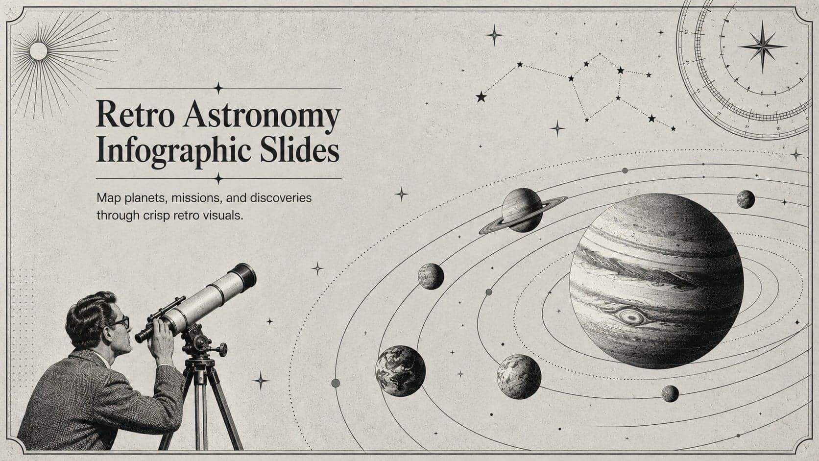 Cover for Retro Astronomy Infographic Slides featuring planets, orbital lines, and monochrome retro space graphics.