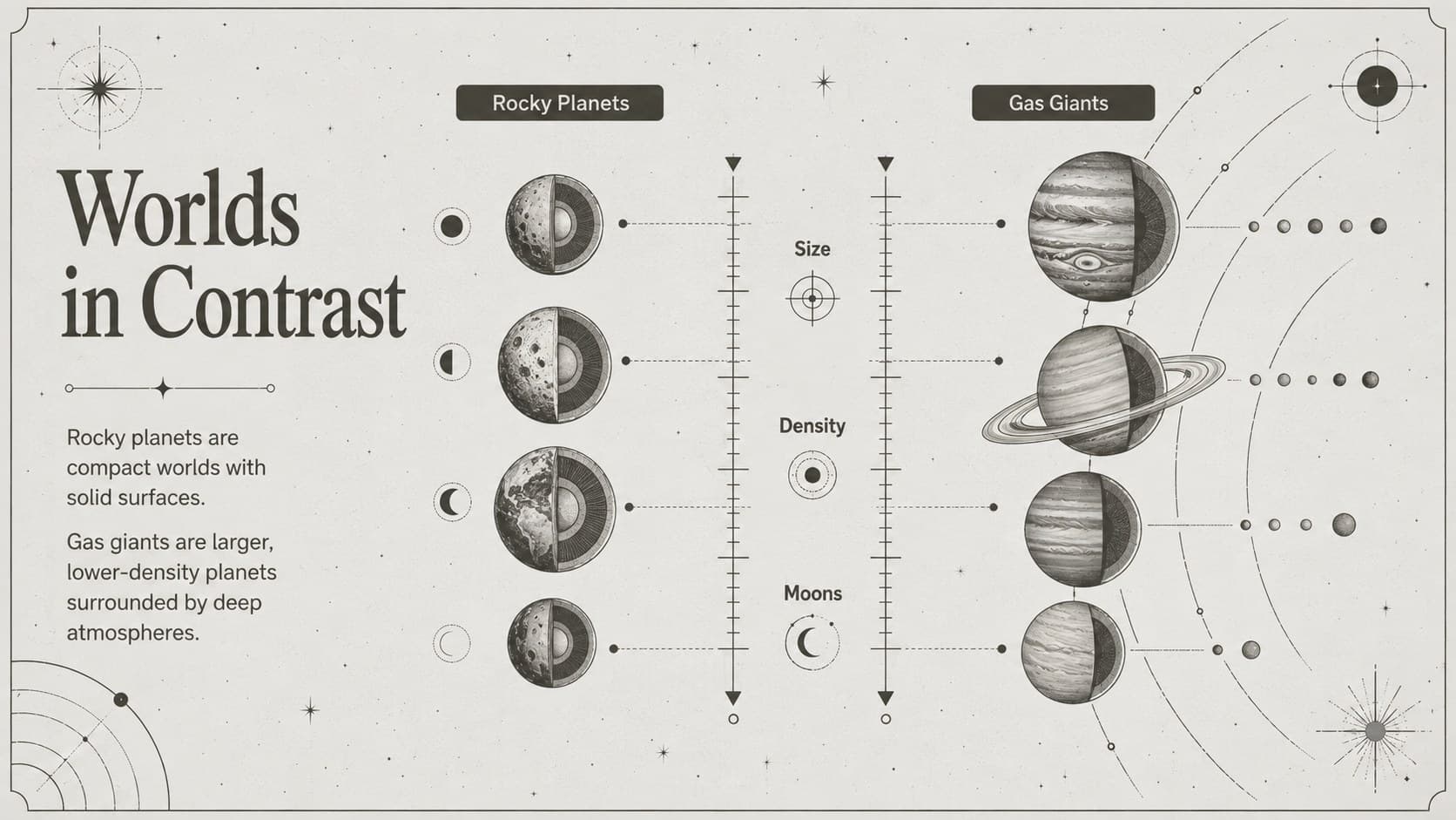 Astronomy infographic slide comparing rocky planets and gas giants with monochrome diagrams and concise planet facts.