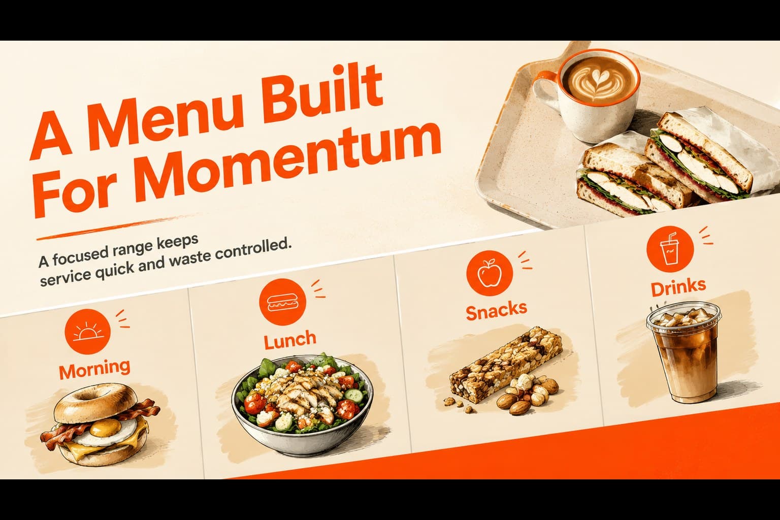 Menu strategy slide displaying cafeteria offer categories and signature meal ideas.