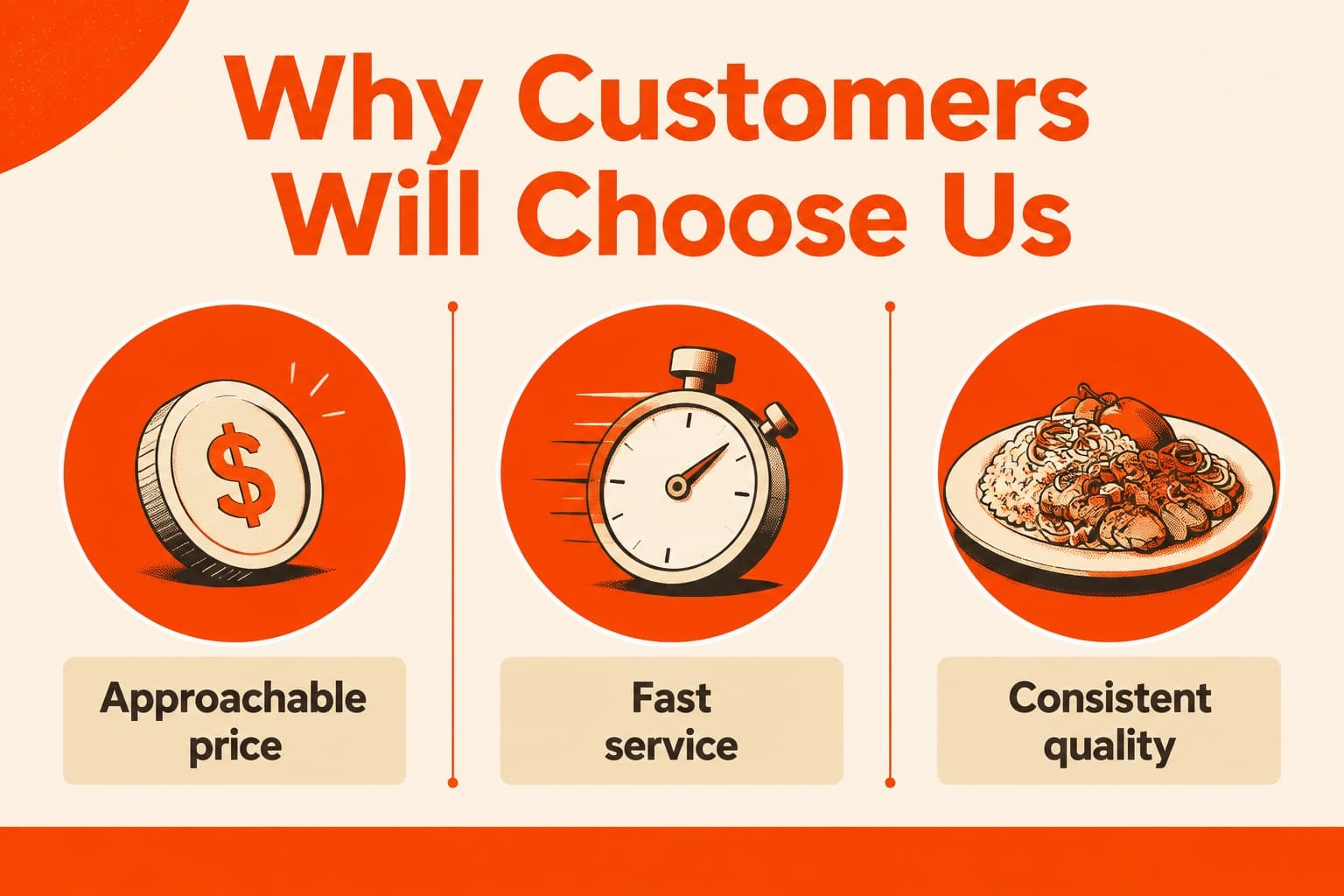 Competitive positioning slide comparing cafeteria strengths across price, speed, and quality.