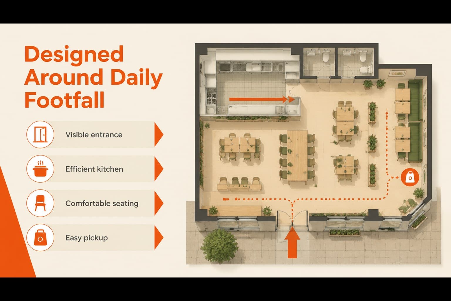 Location and setup slide highlighting the ideal cafeteria site and customer traffic pattern.