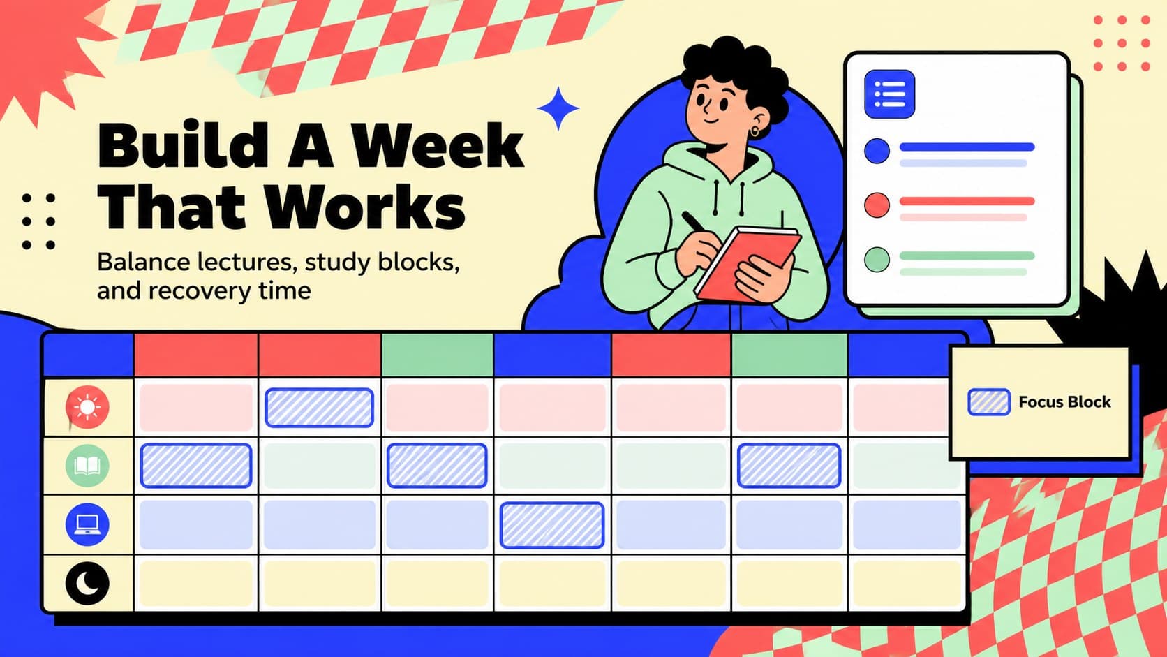 Weekly class schedule slide with structured time blocks in a retro geometric education design.