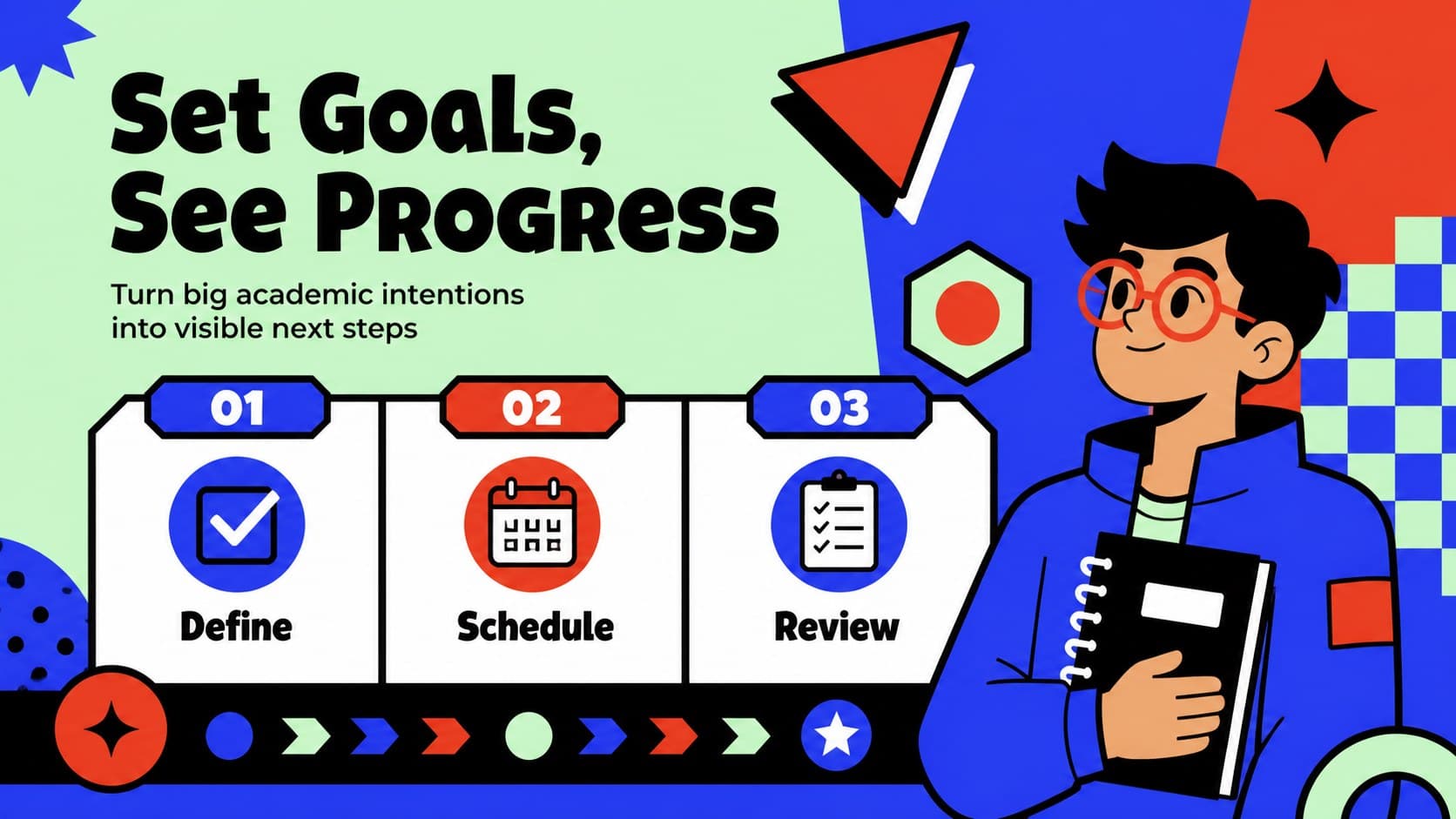 Academic goals slide with bold checklist elements and colorful progress markers.