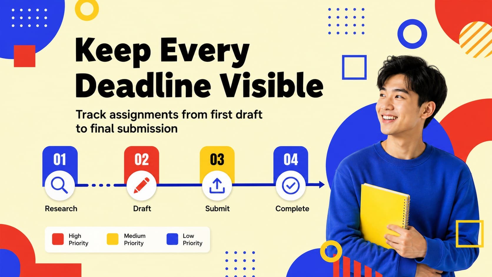 Assignment tracker slide organizing deadlines and project milestones with colorful geometric labels.