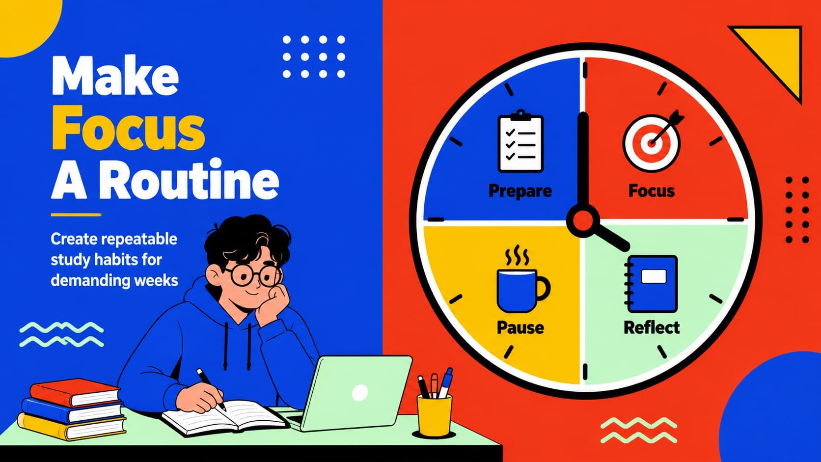 Study routine slide featuring a colorful daily focus plan and time management prompts.